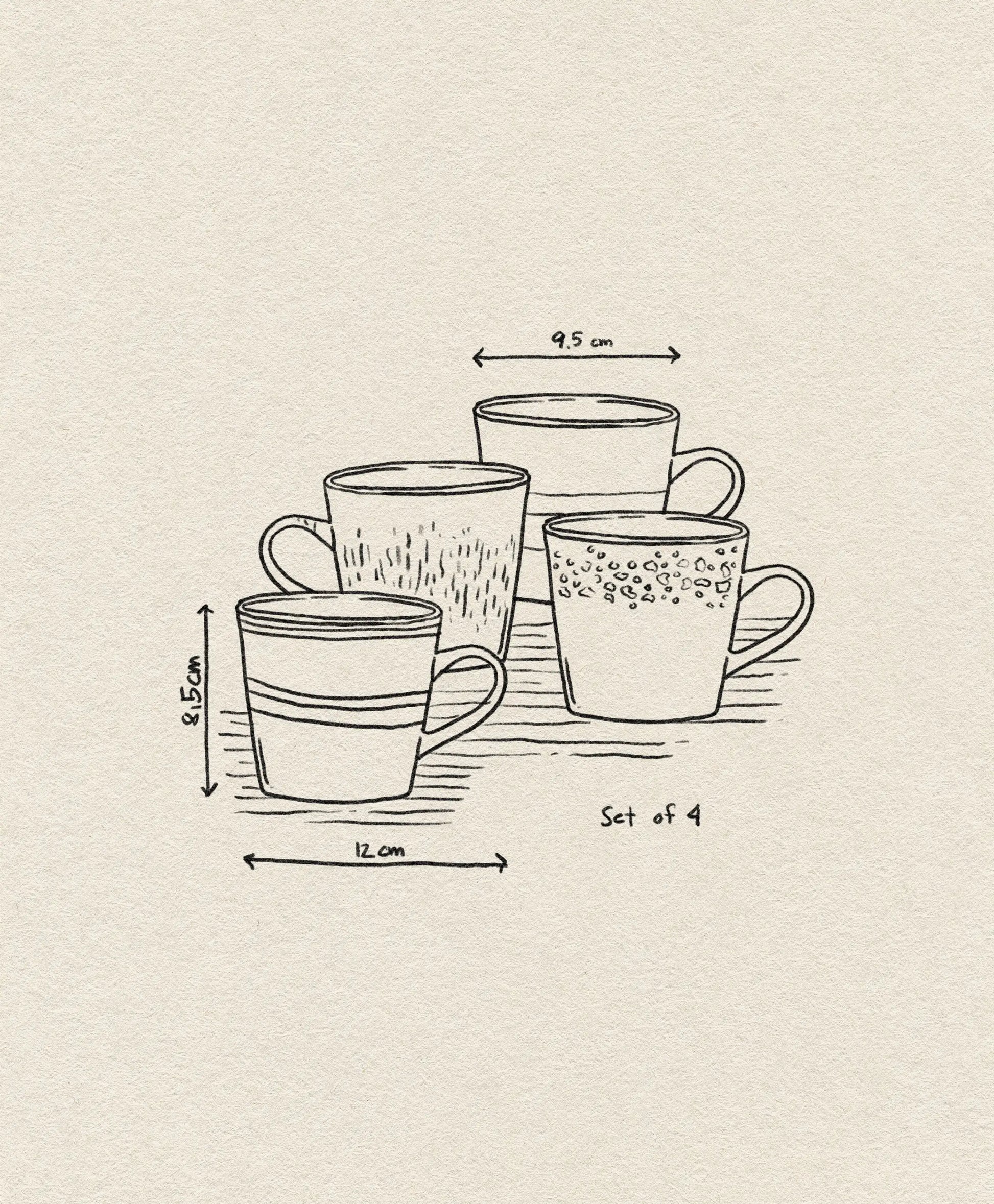 Line drawing of four HKliving 70s Ceramics: Cappuccino Mugs, Set of 4—each 9.5 cm wide and 8.5 cm tall, spanning 12 cm across the base—ideal for coffee bar decor. Brand: HKliving.