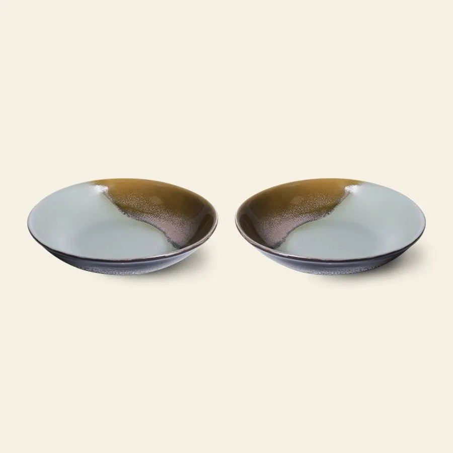 The HKliving 70s Ceramics: Curry Bowls, Set of 2, feature a glossy gradient in earthy green, brown, and gray, evoking vintage charm. Shown side by side on a plain light background.