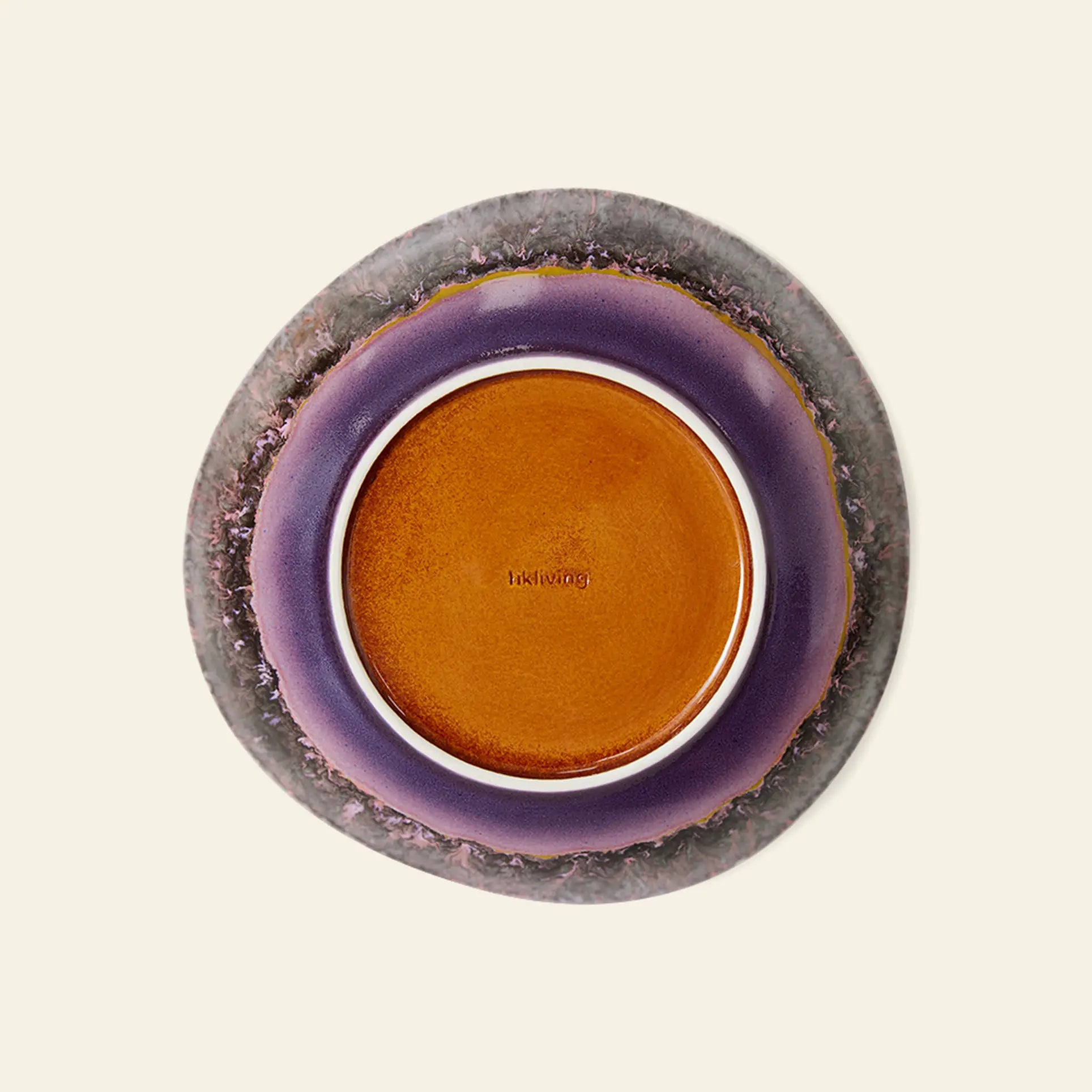 The HKliving 70s Ceramics: Curry Bowls, Set of 2 feature a round form with a brown center, glossy purple ring, and textured gray edge—capturing vintage 70s flair—shown from above on a light beige background.