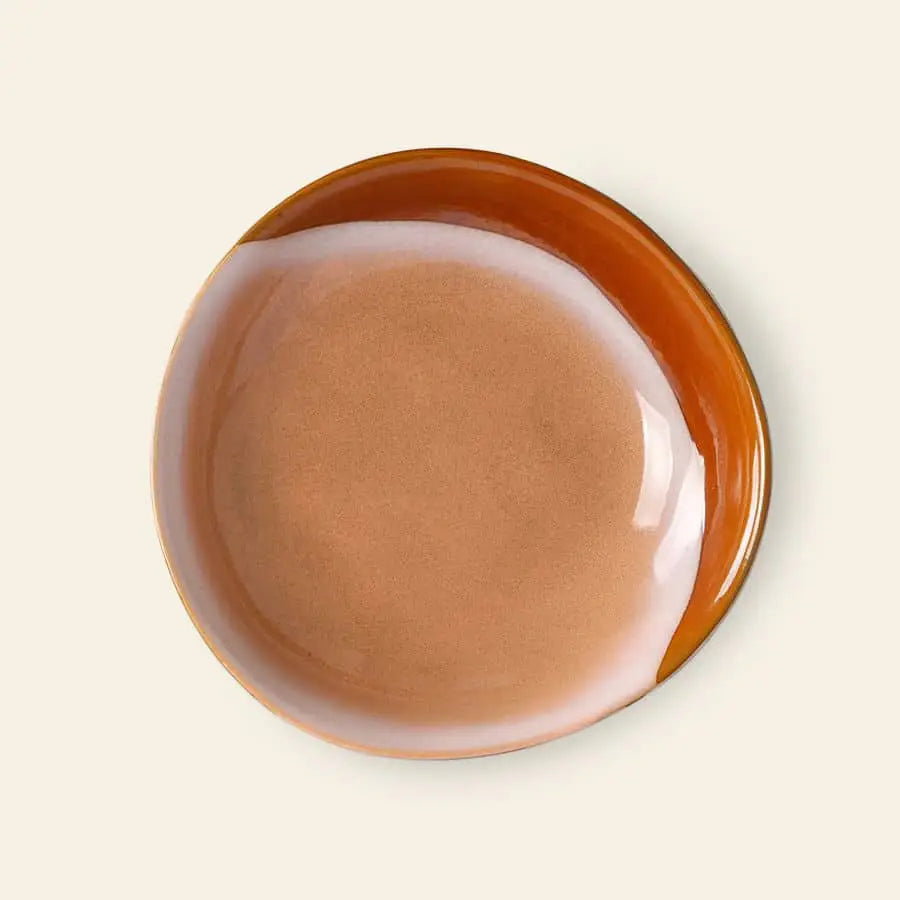 The HKliving 70s Ceramics Curry Bowls, Set of 2, feature a glossy gradient design in warm brown, beige, and white with uneven organic edges, inspired by vintage ceramics. Shown against a plain light background.