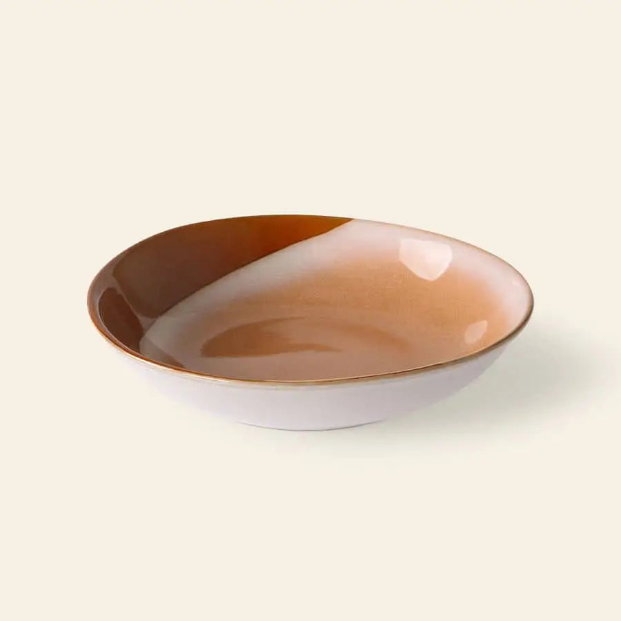 The HKliving 70s Ceramics: Curry Bowls, Set of 2 features shallow ceramic bowls with a glossy finish and a warm brown-to-creamy white gradient, evoking vintage style. Shown against a neutral light background.