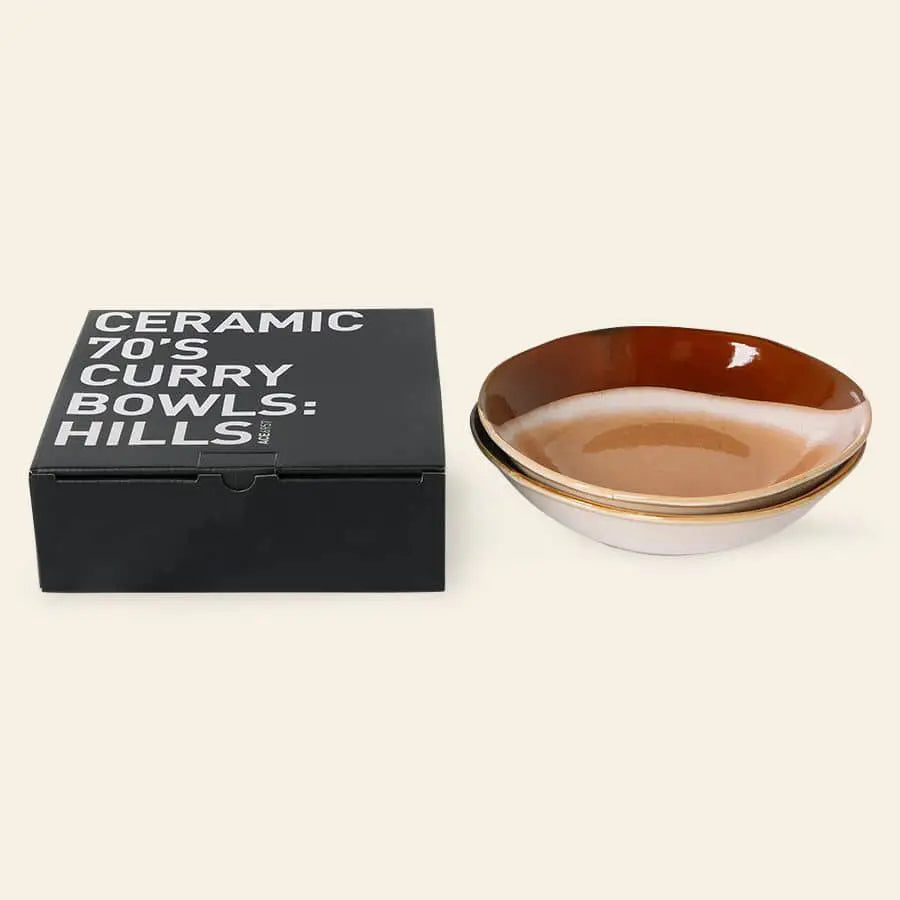 Two HKliving 70s Ceramics: Curry Bowls, Set of 2, in brown and beige with a vintage style, are arranged beside a black box on a light background.
