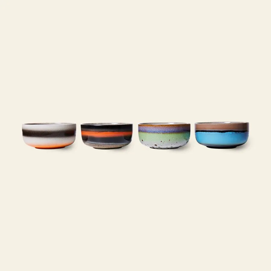HKliving 70s Ceramics: Dessert Bowls, Set of 4—each with a unique vintage color and pattern—add retro flair to your table. Presented by HKliving against a light backdrop, these bowls evoke classic 70s style.