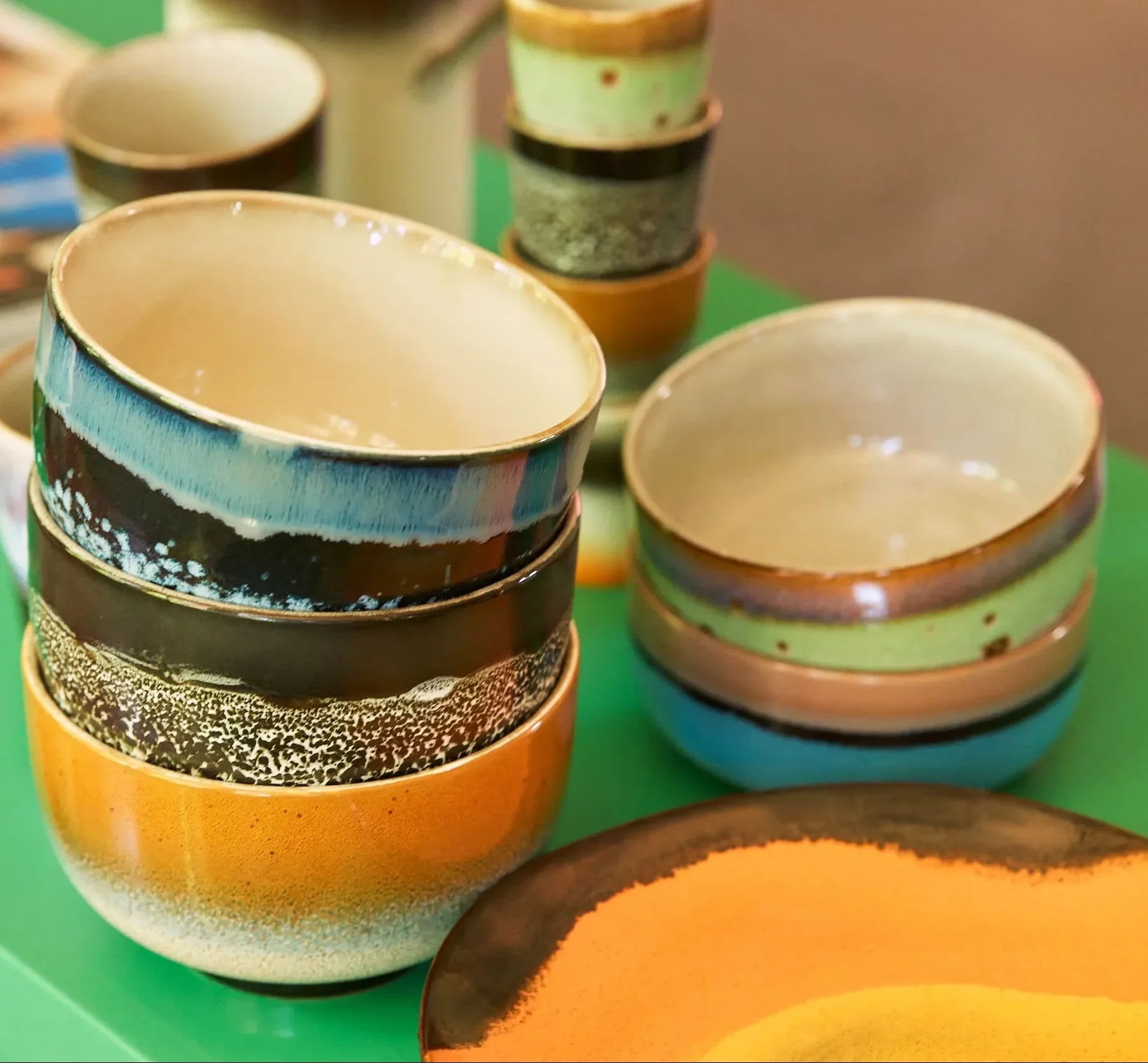 The HKliving 70s Ceramics: Dessert Bowls, Set of 4 features colorful, retro-inspired, handcrafted ceramic bowls—ideal for serving desserts with unique vintage charm.