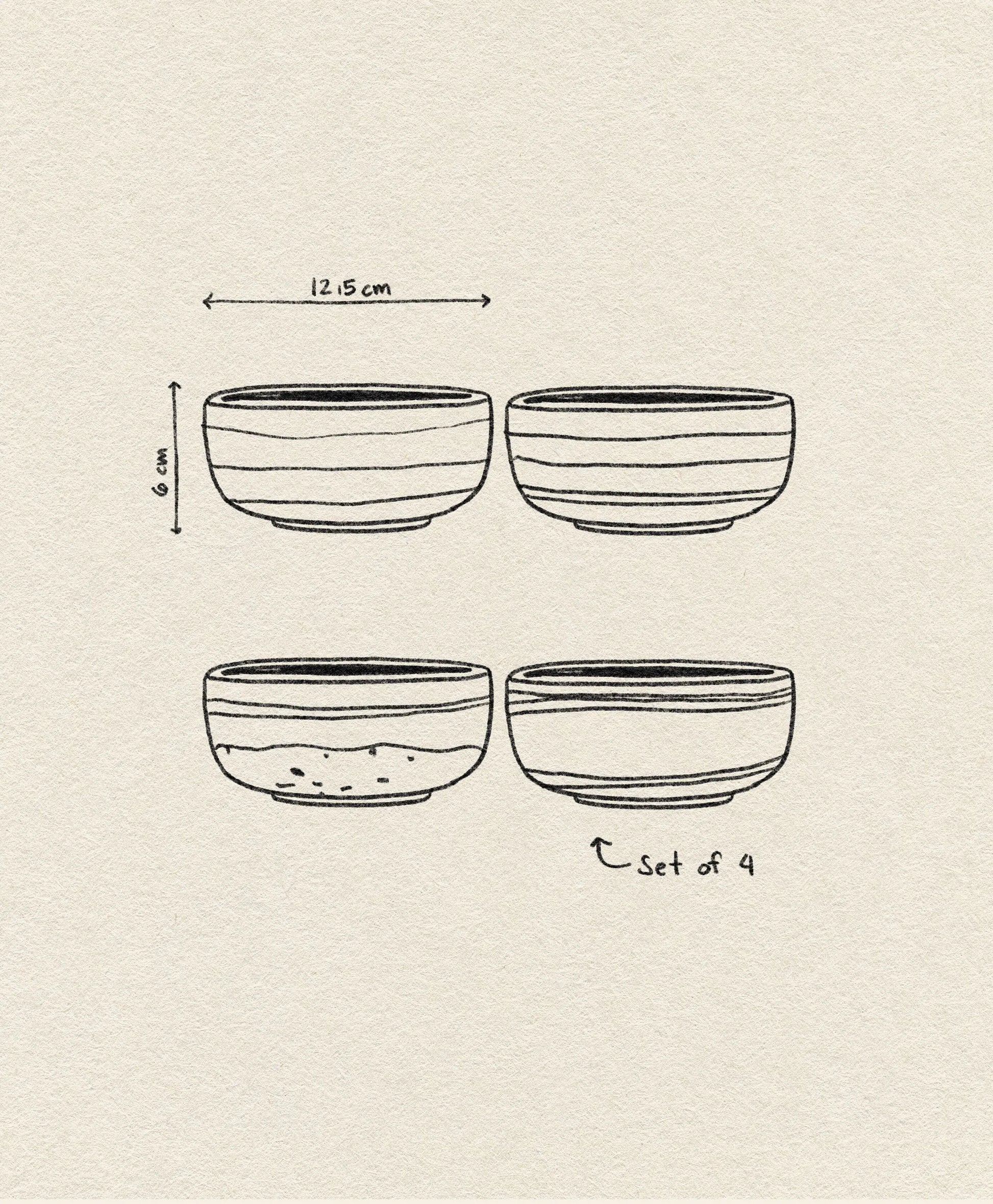 HKliving 70s Ceramics: Dessert Bowls, Set of 4—line drawing shows four 12.5 cm wide, 6 cm tall bowls with retro horizontal stripe designs; “Set of 4” appears beneath them.