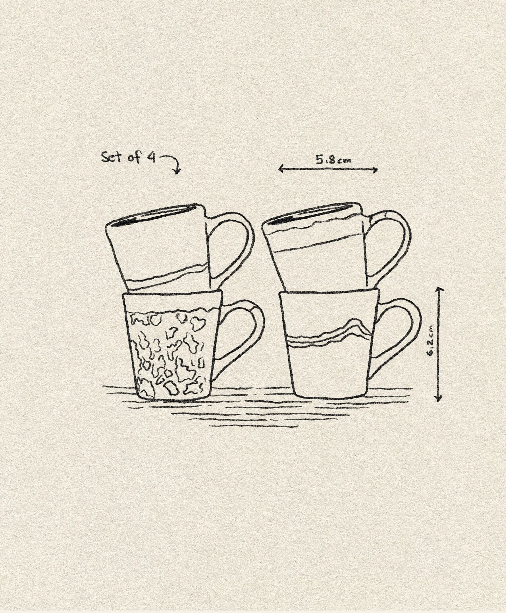 The HKliving 70s Ceramics: Espresso Mugs Set of 4 includes four 80ml ceramic mugs (5.8cm wide, 6.2cm tall): two with patterns and two with wavy lines, stacked in a simple line drawing. Brand: HKliving.