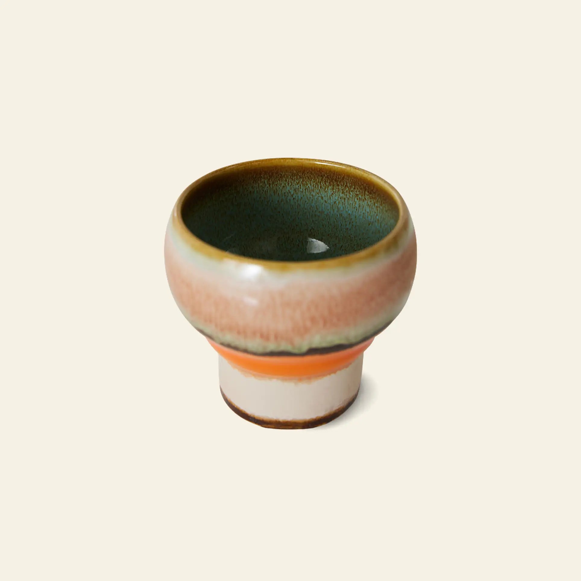 The HKLIVING 70s Ceramics: Lungo Mugs, Set of 2, feature a wide-rimmed design with earthy green, brown, and pink gradient glaze—perfect for coffee lovers or as a standout piece in your vintage ceramics collection.