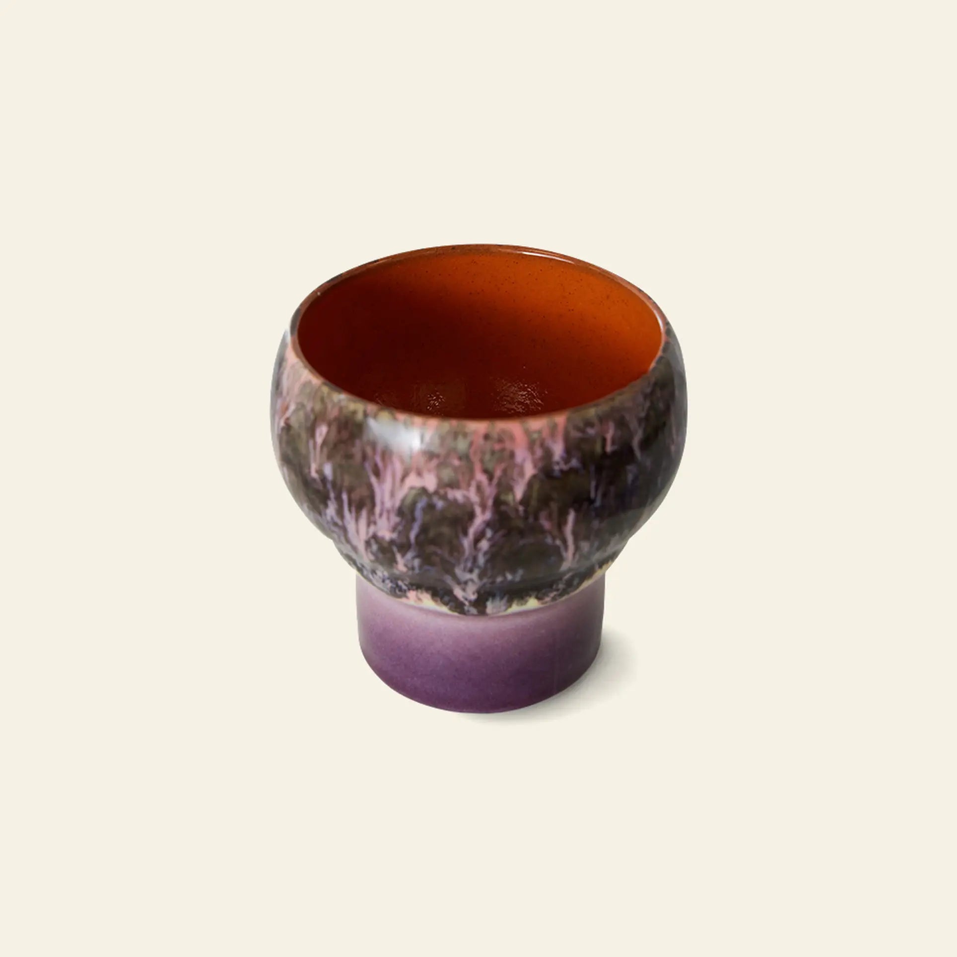 The HKLIVING 70s Ceramics Lungo Mugs Set of 2 features wide, rounded ceramic mugs with marbled purple, brown, and pink exteriors and glossy orange interiors—ideal for coffee fans or adding retro flair to your collection.