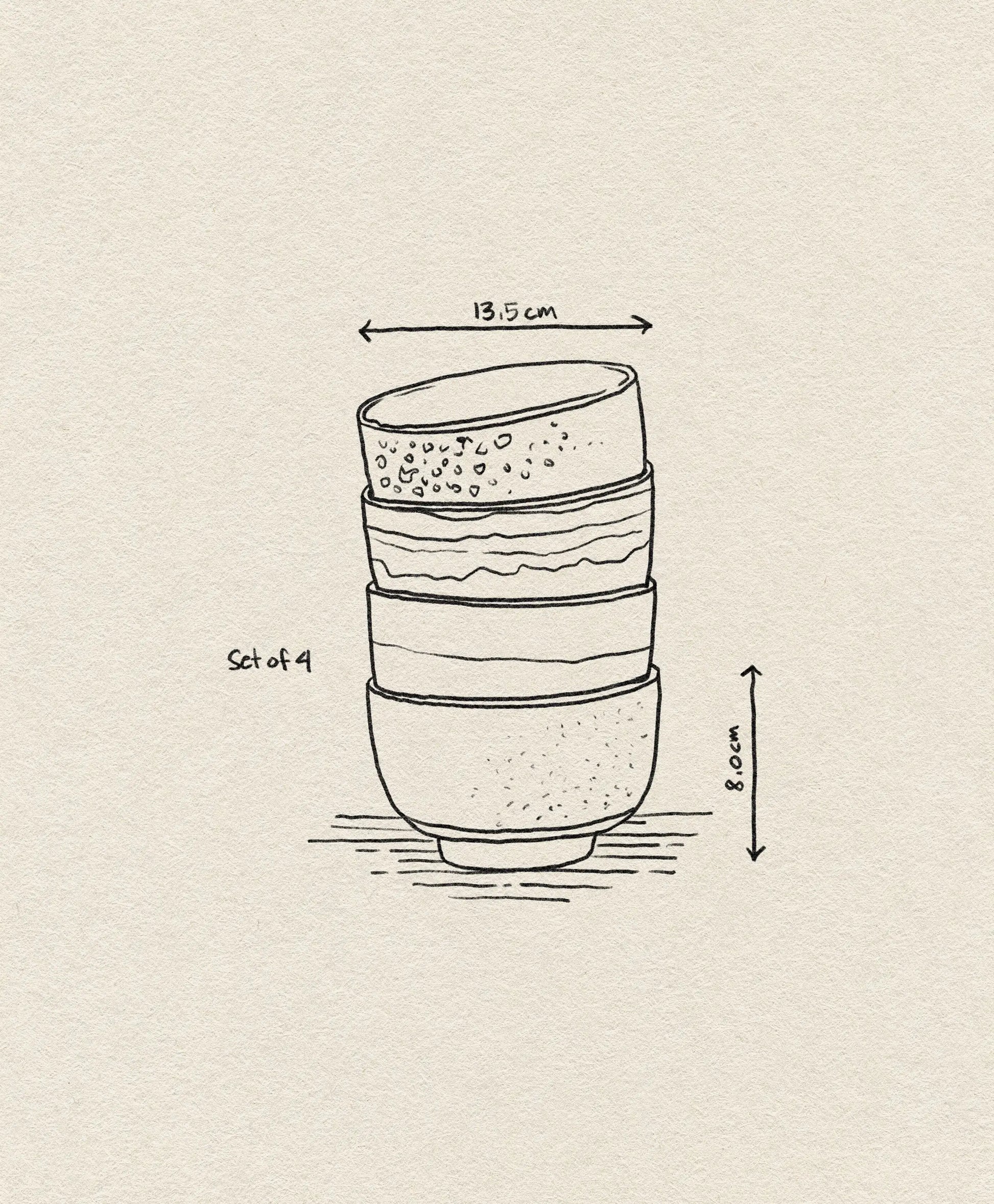 A hand-drawn illustration of the HKliving 70s Ceramics: Noodle Bowls, Set of 4. Each bowl (13.5 cm wide, 8 cm tall) features a unique pattern—perfect for serving your favorite dishes on a light textured paper background.