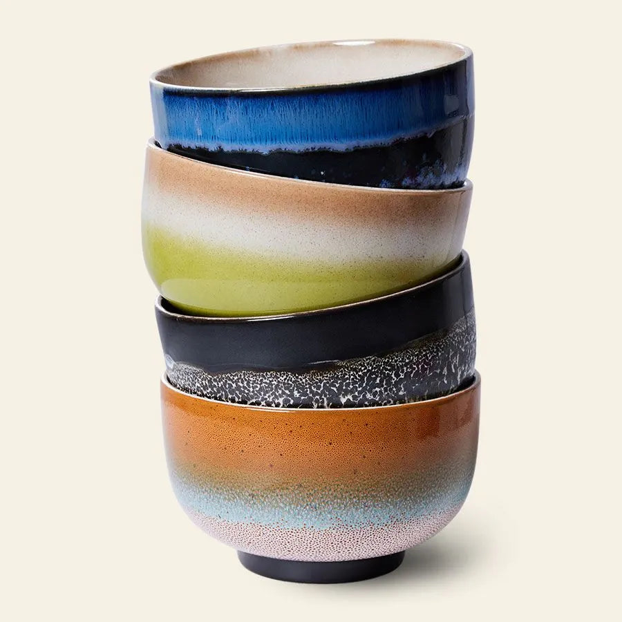 The HKliving 70s Ceramics Noodle Bowls Set of 4 features unique blue, green, black, and orange glazes—perfect for serving your favorite dishes in vibrant style.