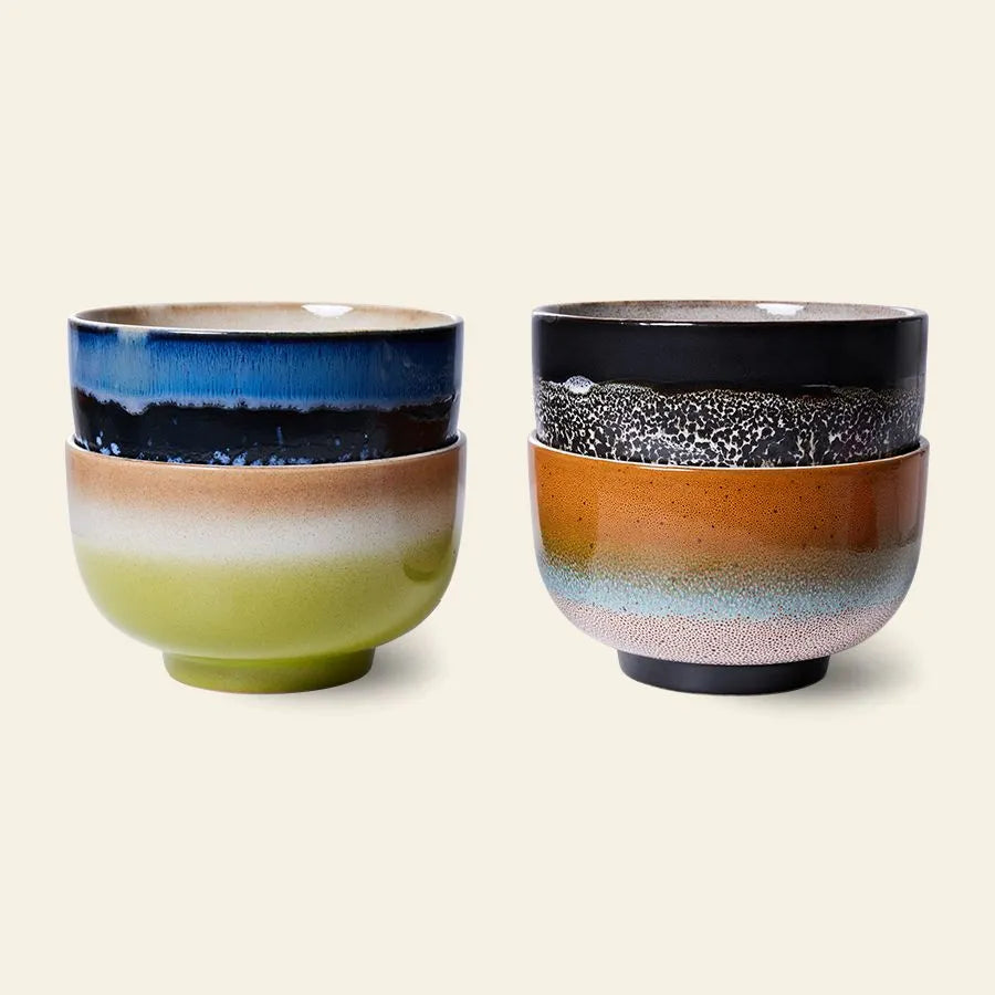 The HKliving 70s Ceramics: Noodle Bowls, Set of 4 features unique, colorful glazes in blue, green, black, orange, and earthy tones—perfect for serving your favorite dishes with vibrant style.