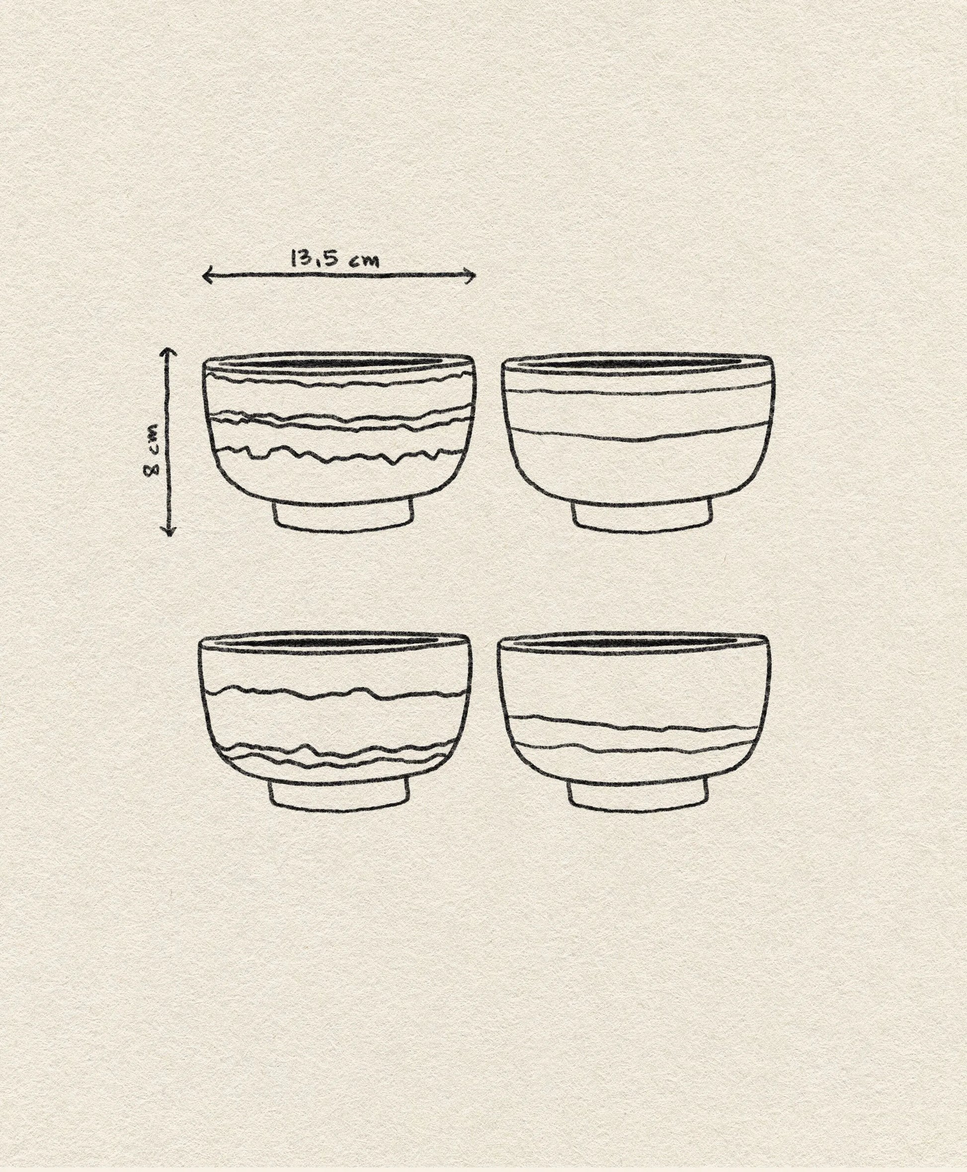 A minimal line drawing of four HKliving 70s Ceramics Noodle Bowls (13.5 cm wide, 8 cm high) with wavy patterns, ideal for your favorite dishes—all set on a textured beige background.