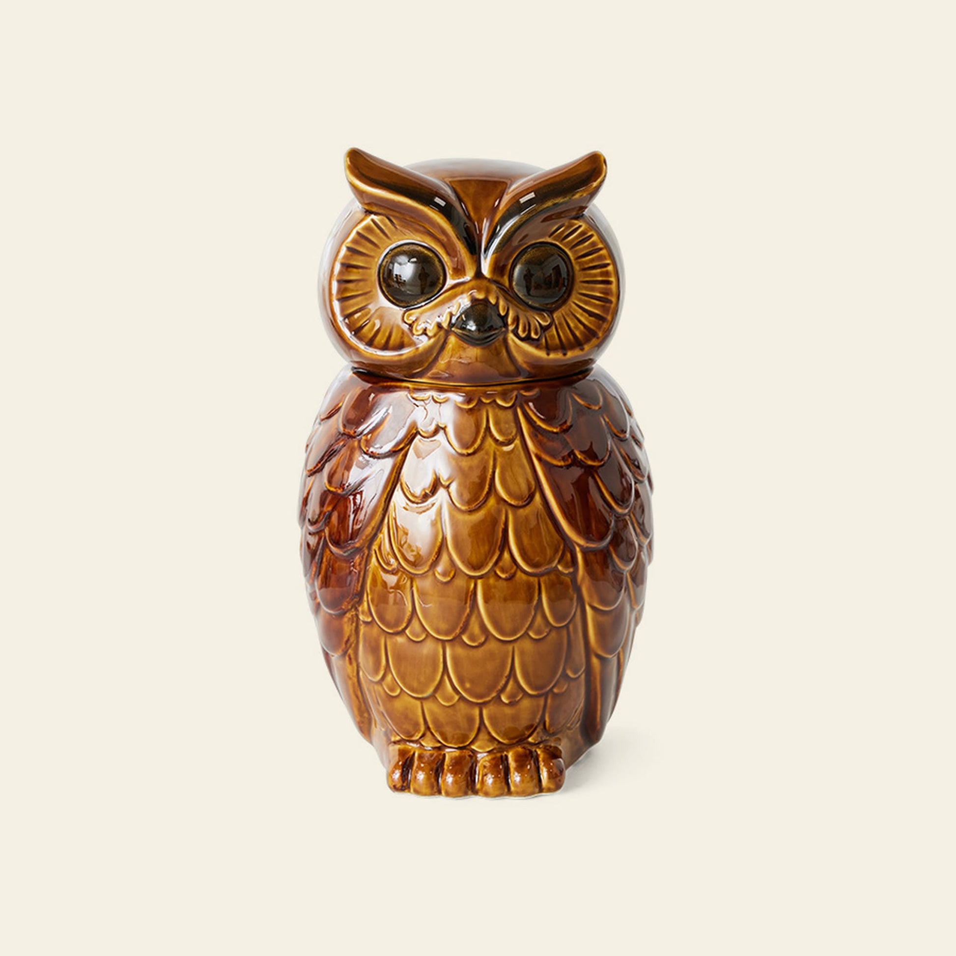 The HKliving Ceramic Owl Jar by HKliving is a vintage-style brown ceramic storage jar with glossy feather details, large round eyes, and a removable lid forming the owl’s head, shown on a plain light background.