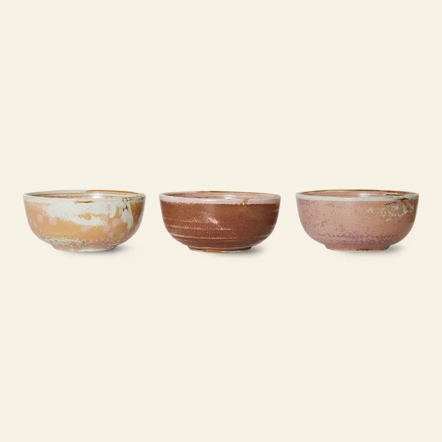 Three HKliving Chef Ceramics Bowls in brown, pink, and cream with a unique reactive glaze are arranged side by side on a light beige background, highlighting essential handcrafted tableware by HKliving.