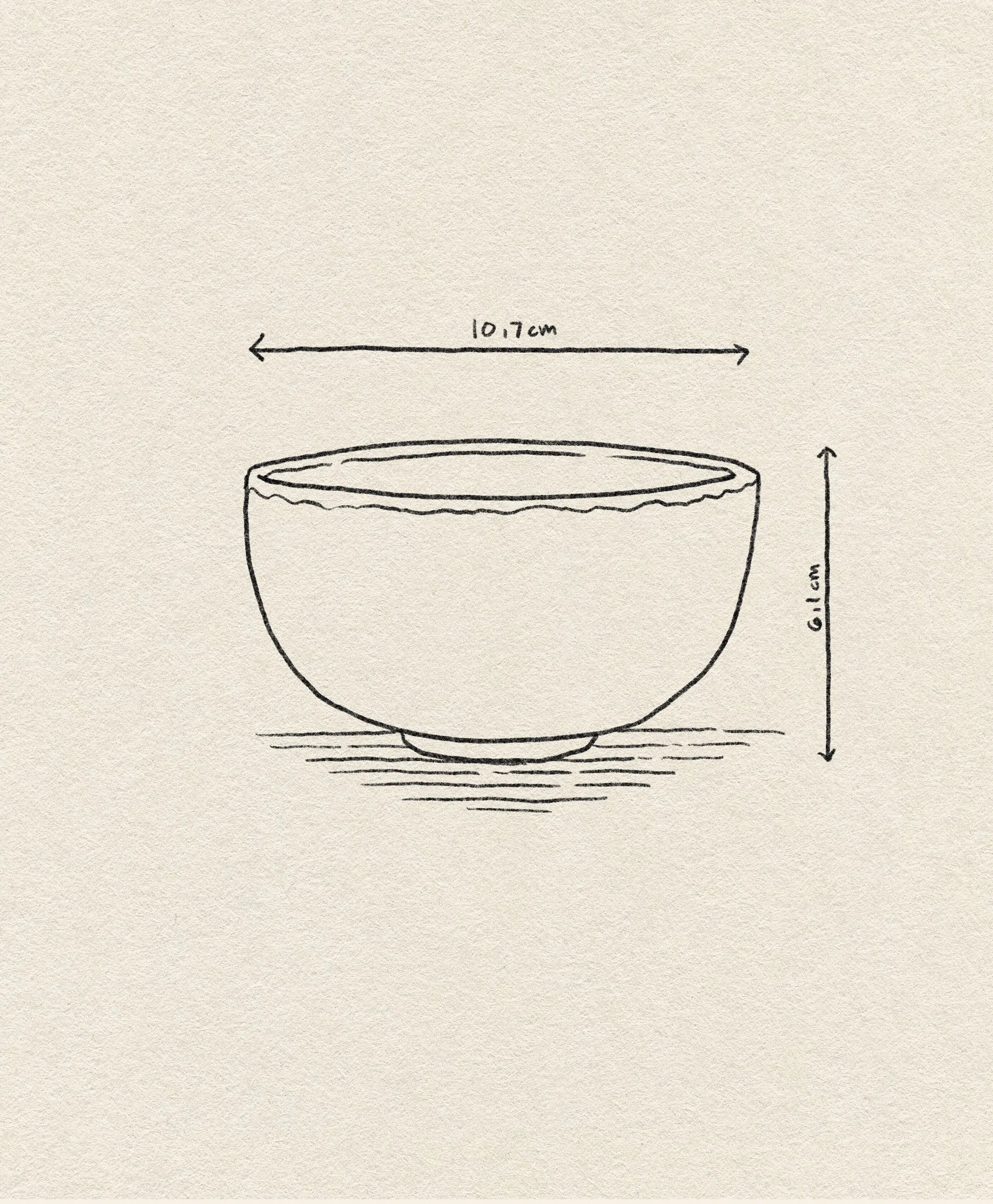 A simple line drawing of the HKliving Chef Ceramics: Bowl, marked 10.7 cm wide and 6.1 cm tall, displayed on a textured off-white background—ideal for highlighting your HKliving tableware essentials.
