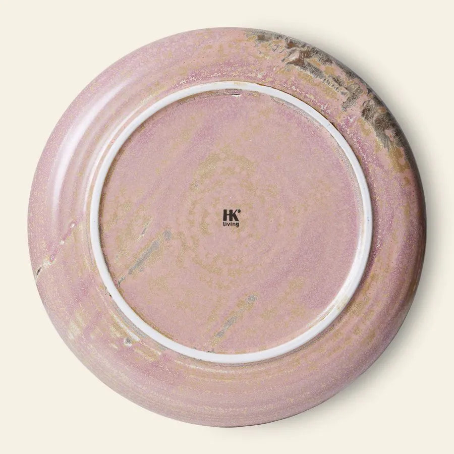 The HKliving Chef Ceramics Dinner Plate features a round ceramic design with a pink and beige marble pattern. The underside displays a white circular ring and the HKliving logo at the center.