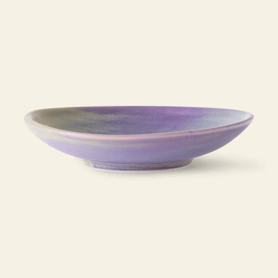 The HKliving Chef Ceramics: Flat Bowl features a smooth, round ceramic shape with a unique gradient purple glaze, hand finished for individuality—ideal for your tableware essentials and styled against a plain light background.