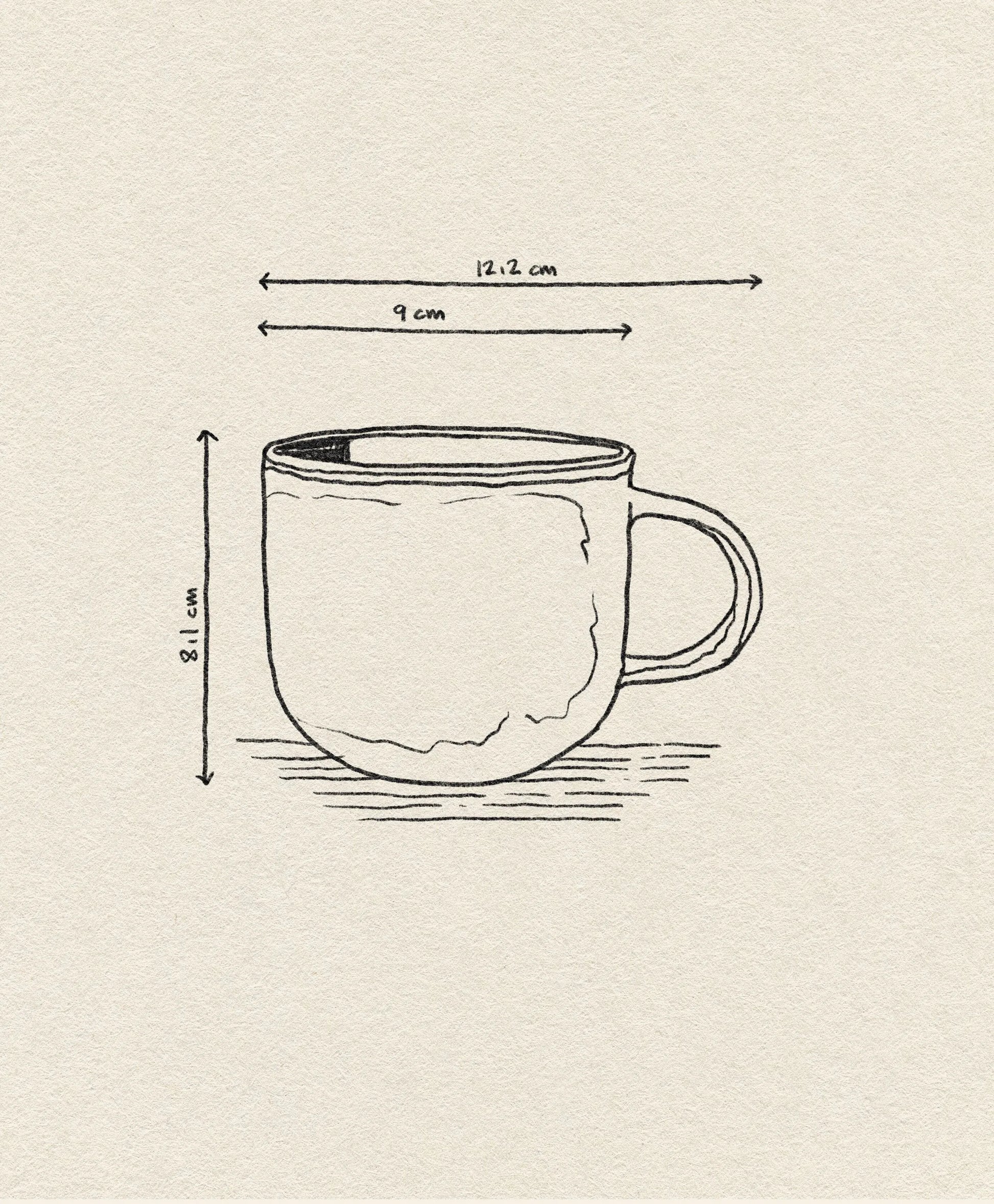 A line drawing of the HKliving Chef Ceramics: Mug by HKliving, measuring 9 cm wide, 8.1 cm tall, and 12.2 cm from handle to side, sketched on textured paper—perfect for those who appreciate distinctive tableware essentials.