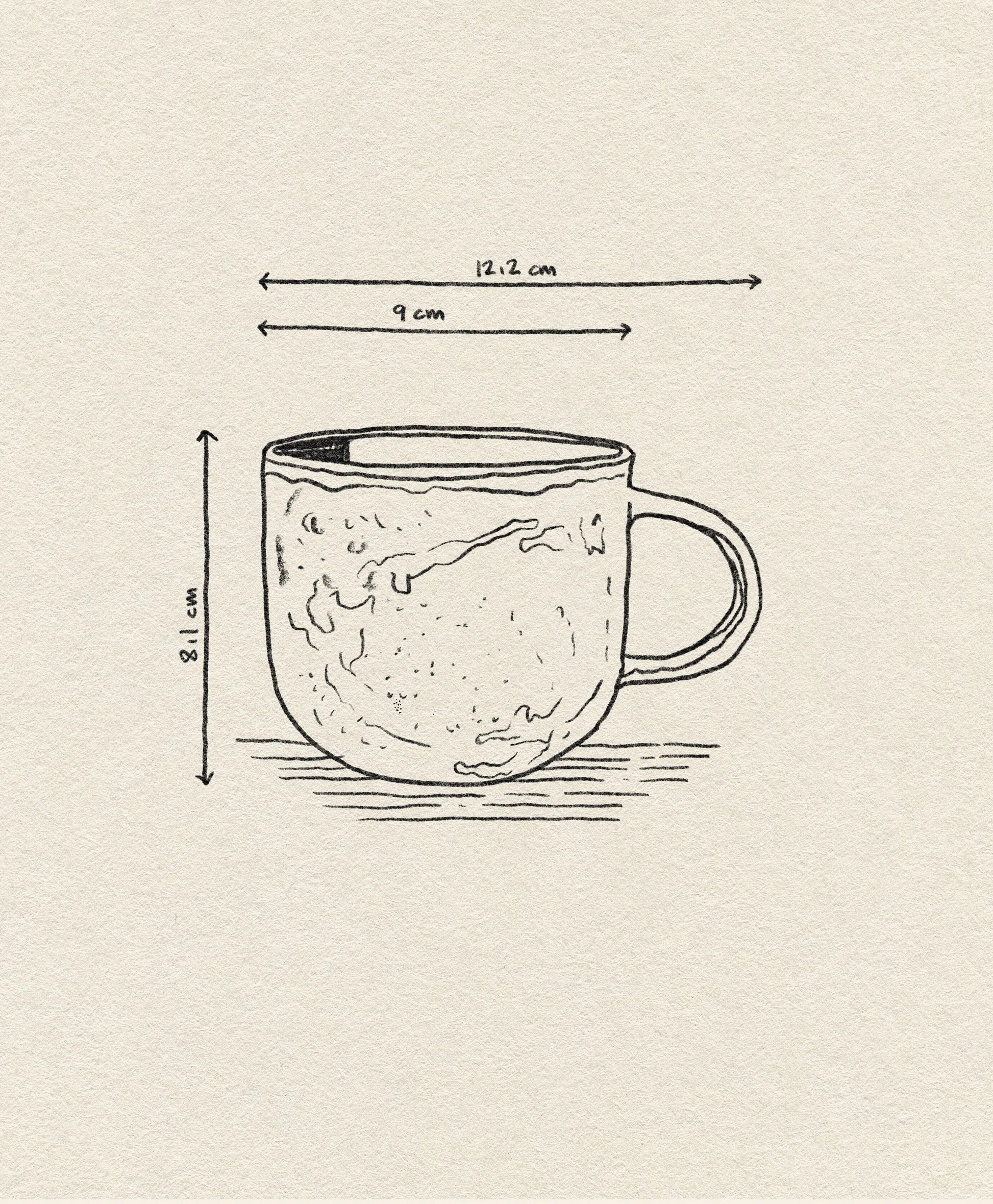 A hand-drawn illustration of the HKliving Chef Ceramics: Mug by HKliving, featuring artisanal charm, a handle, and dimensions of 8.1 cm tall, 9 cm diameter, and 12.2 cm wide with the handle on textured beige paper—ideal for tableware lovers.