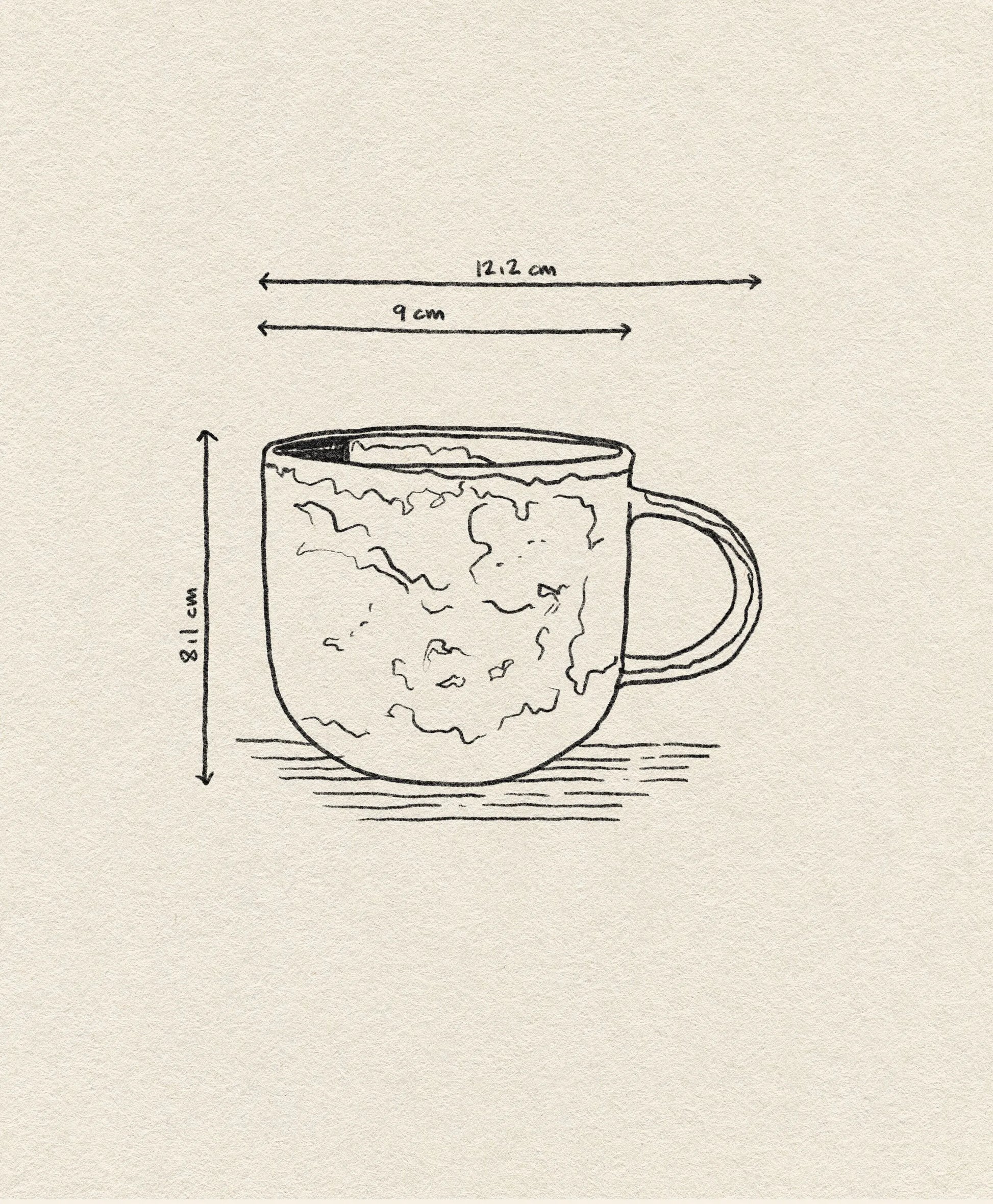 A sketch of the HKliving Chef Ceramics: Mug—8.1 cm tall, 9 cm rim diameter, 12.2 cm wide with handle—on textured paper, reflecting the artisanal charm of HKliving’s tableware essentials.