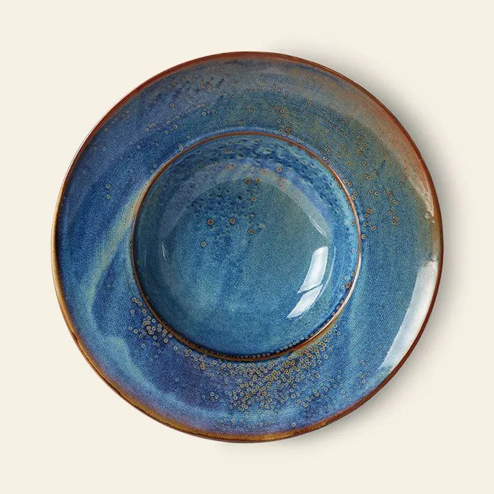 The HKliving Chef Ceramics Pasta Plate showcases a deep center with a blue glaze, brown rims, and speckled gold accents, photographed from above on a light background—ideal for elevating your tableware collection.