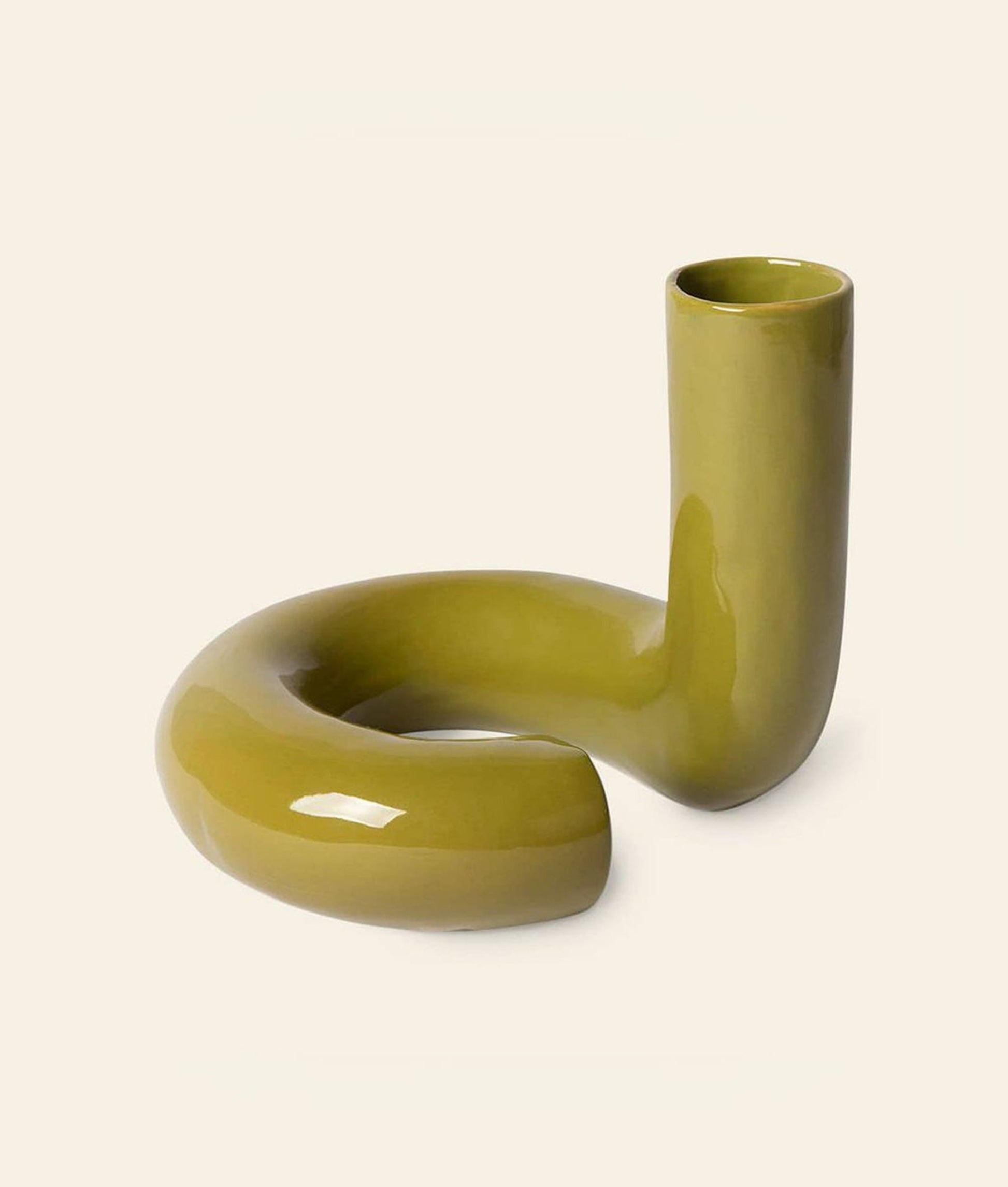 The HKliving HK Objects: Ceramic Twisted Vase by HKliving features a glossy olive stoneware finish and a modern, abstract bent tube shape with one closed end curving upward, displayed on a plain, light background.