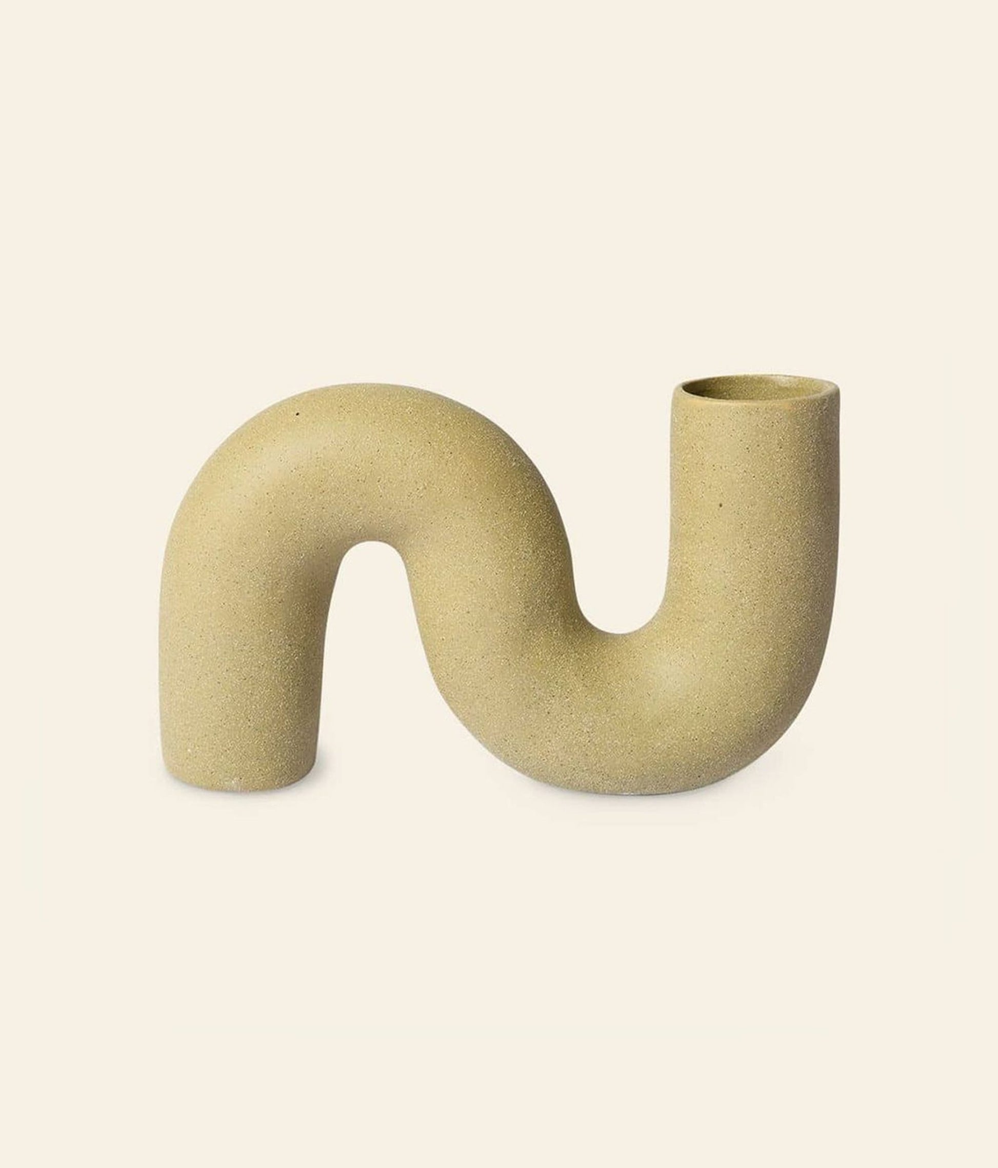 The HKliving HK Objects: Ceramic Twisted Vase by HKliving features a beige, S-shaped design with a matte finish and dual open ends, adding a sculptural, minimalist accent to your home decor.