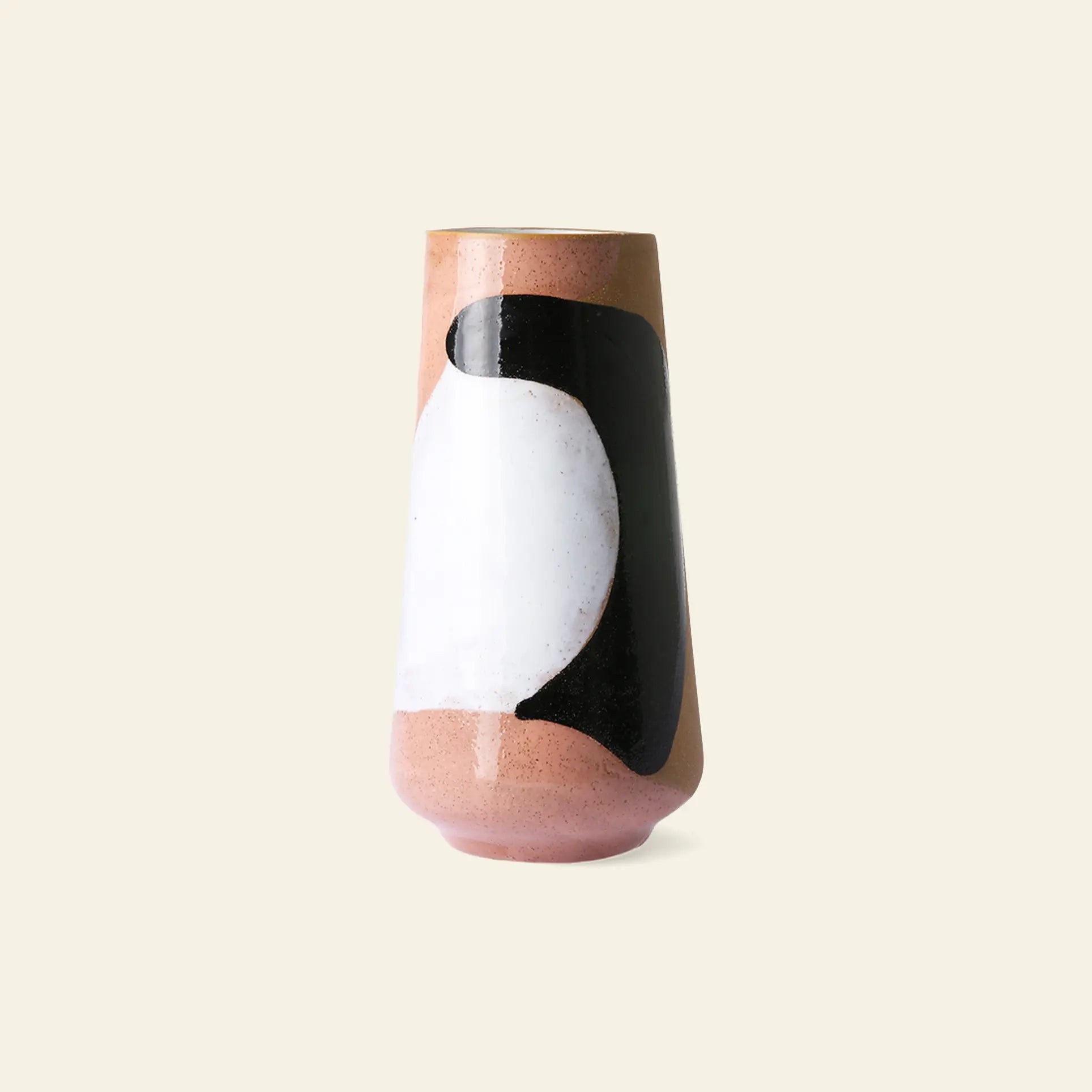 The HKliving Hand Painted Ceramic Flower Vase features a pinkish-brown base and abstract black and white designs, making it the perfect centerpiece for any room.
