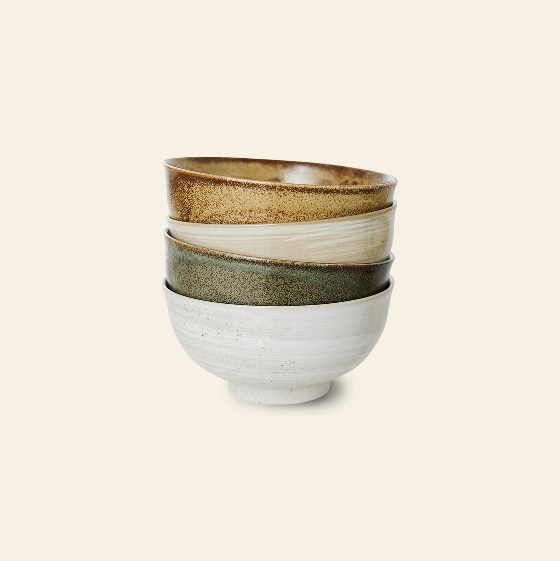 The HKliving Kyoto Ceramics Japanese Noodle Bowls, Set of 4, feature hand-finished bowls in earthy brown, green, and white tones. Inspired by Kyoto ceramics, they’re perfect for noodles and photographed against a plain light background.