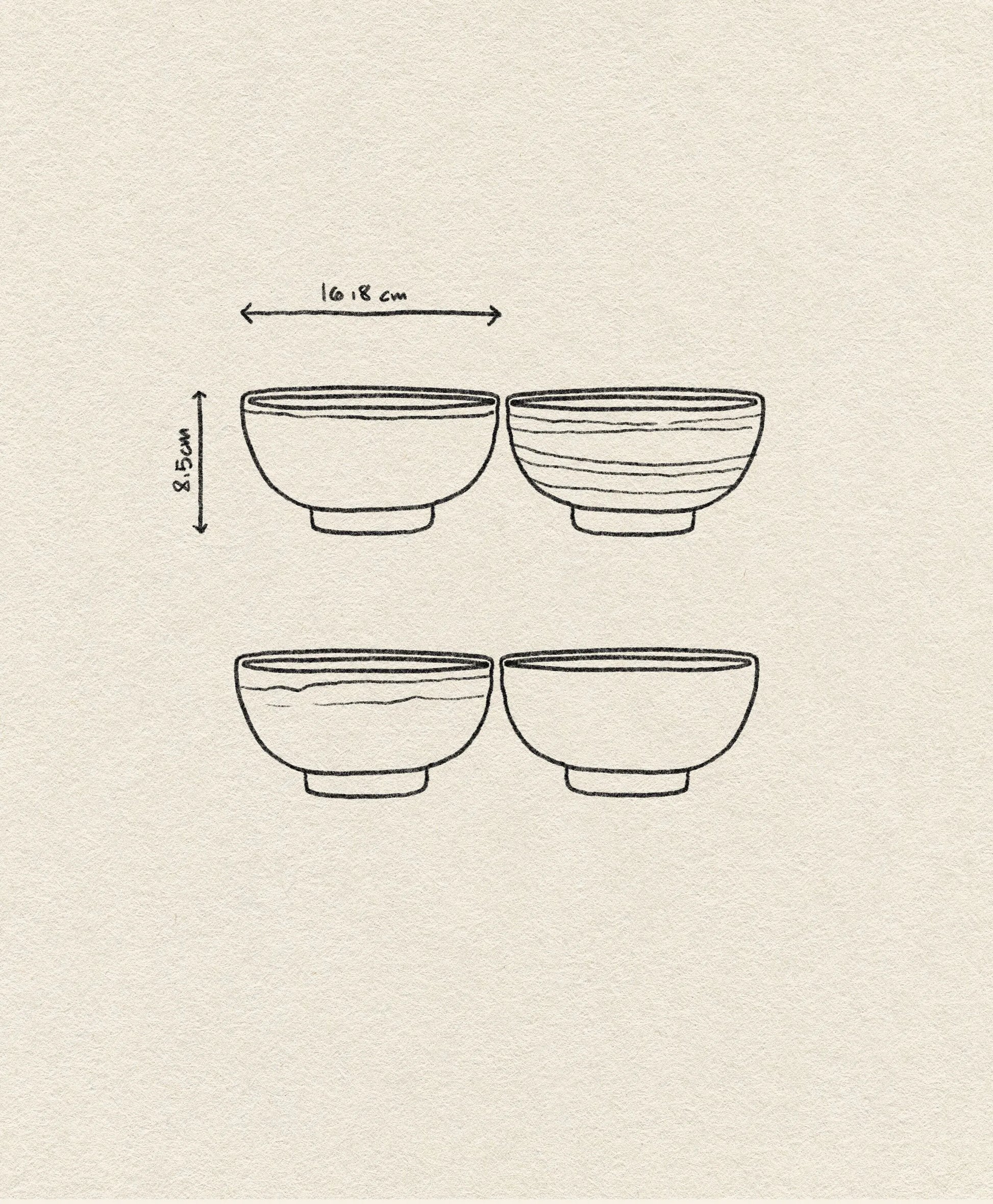 A simple line drawing shows four HKliving Kyoto Ceramics Japanese Noodle Bowls (set of 4) in two rows, with arrows indicating each bowl is 16-18 cm wide and 8.5 cm tall, set against a textured light background.