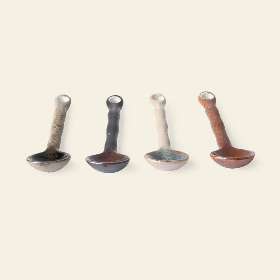 HKliving Kyoto Ceramics: Japanese Tea Spoons, Set of 4—crafted by HKliving in earthy brown, black, beige, and reddish brown—capture the refined style of Japanese ceramics on a soft neutral background.