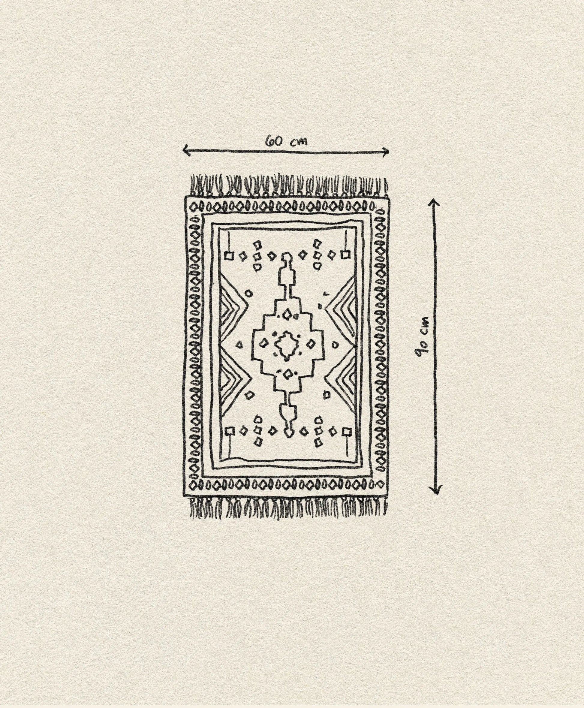 A hand-drawn illustration of the HKliving Printed Bathmat Overtufted by HKliving features geometric patterns, fringes on the short ends, and labeled dimensions: 60 cm x 90 cm. The drawing sits on a textured beige background, ideal for bathroom decor.