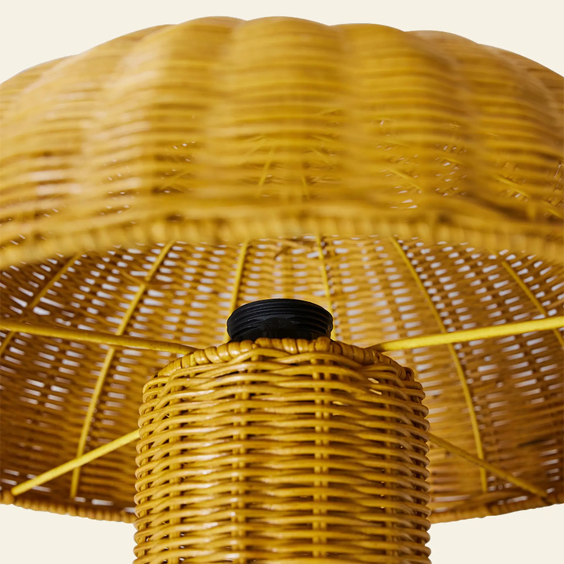 Close-up of the HKliving Rattan Table Lamp by HKliving, showcasing the detailed woven texture and natural yellowish fibers at the base and underside—ideal for cozy mood lighting in country-inspired spaces.