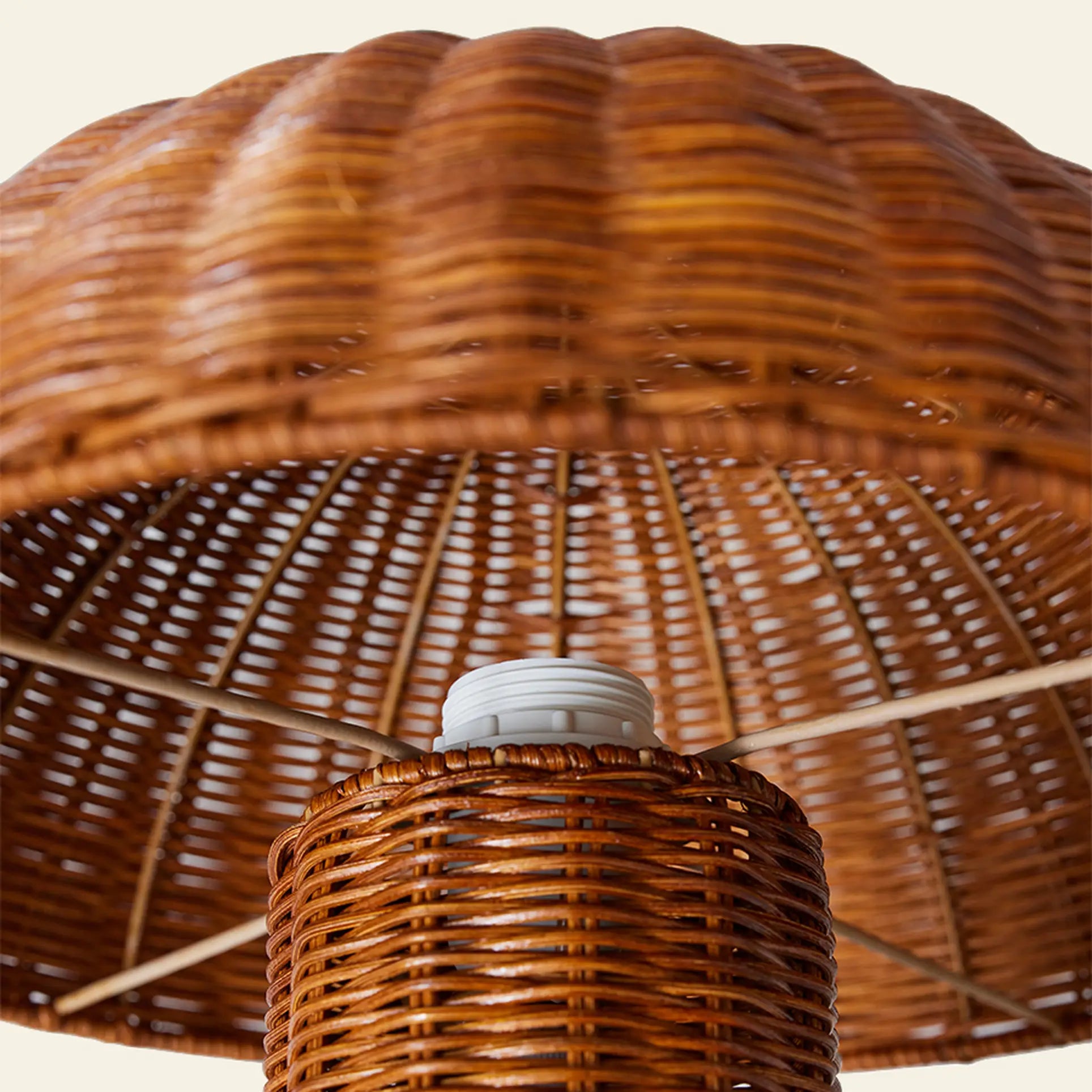 Close-up of the HKliving Rattan Table Lamp by HKliving, showcasing its light brown woven rattan shade and visible bulb socket—perfect for adding texture, pattern, and cozy country charm to your space.
