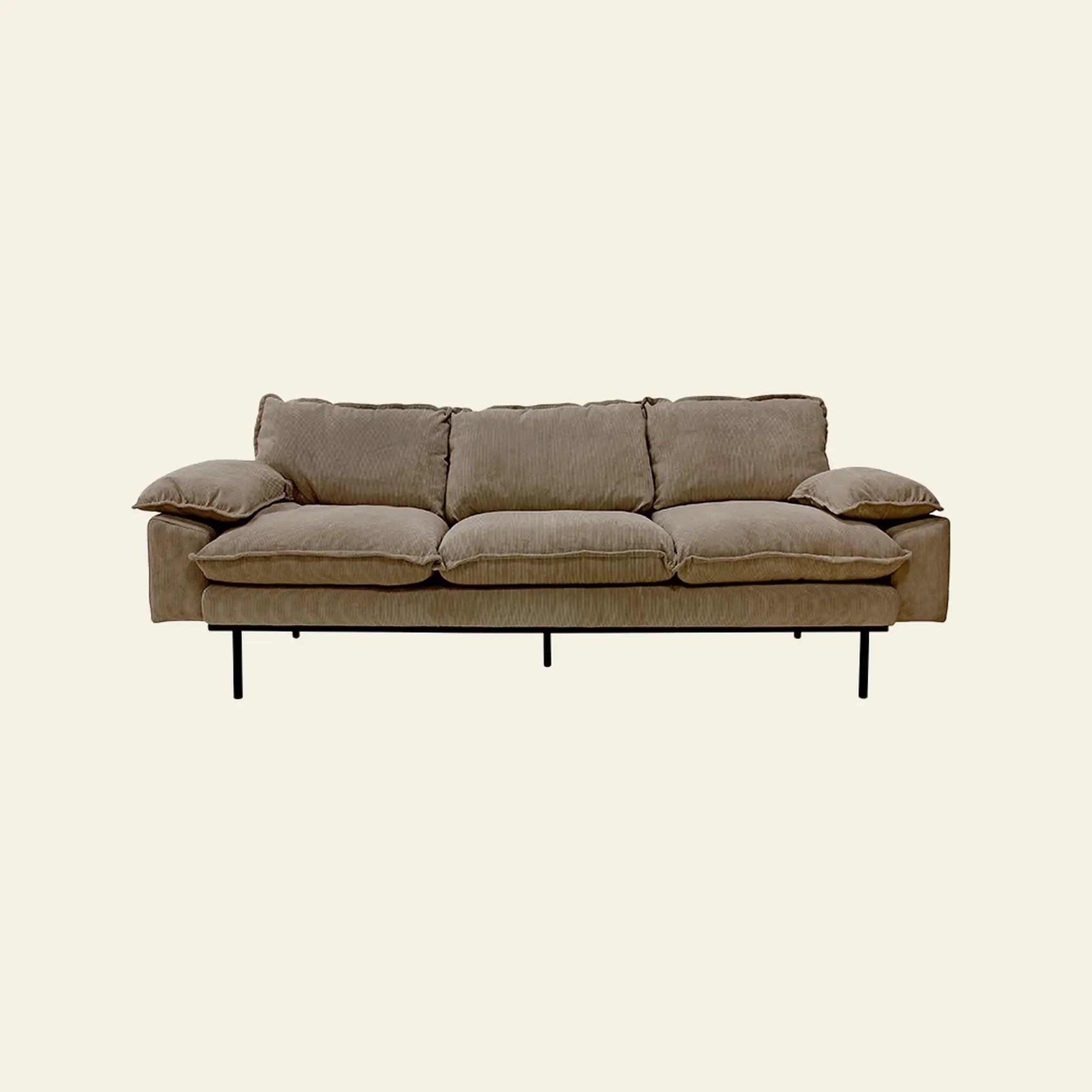 The HKliving Retro Sofa, 4-Seats by HKliving features beige corduroy upholstery, plush cushions, and black metal legs, offering exceptional comfort and style to your living space.