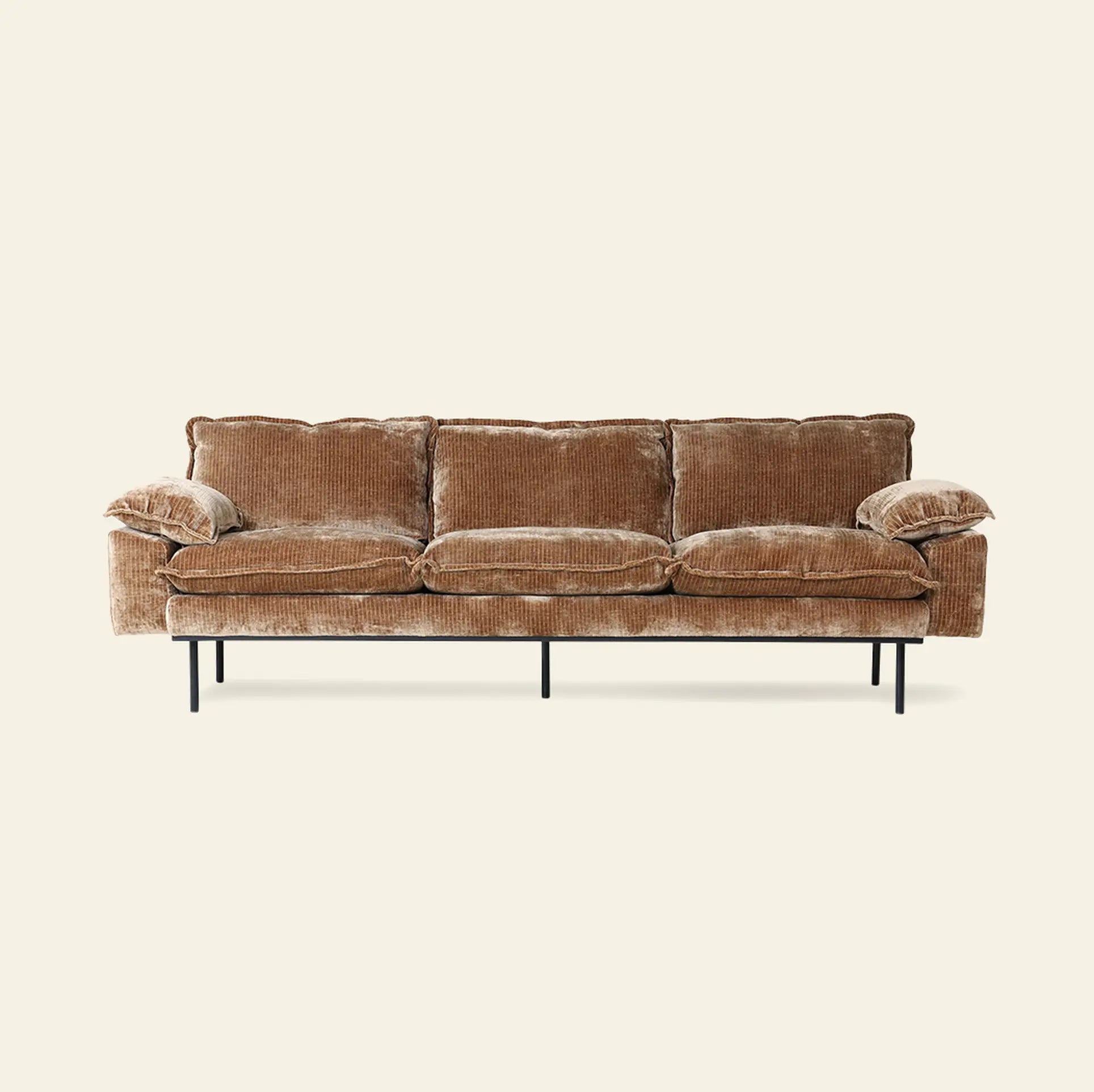 The HKliving Retro Sofa, 4-Seats by HKliving features brown corduroy upholstery, three back and seat cushions, padded armrests, and slim black metal legs—offering comfort and style for any living space. Set against a plain light background.