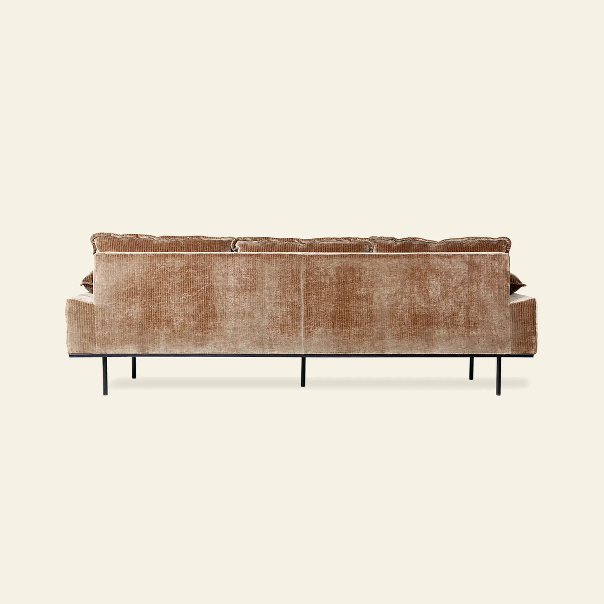 The HKliving Retro Sofa, 4-Seats by HKliving features brown corduroy upholstery, three seat cushions, and black metal legs, bringing vintage charm to your living space against an off-white background.