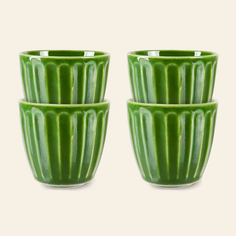 The HKliving The Emeralds: Ceramic Mug Ribbed, Set of 4 features stylish ribbed ceramic mugs—an ideal addition for any coffee connoisseur’s collection.