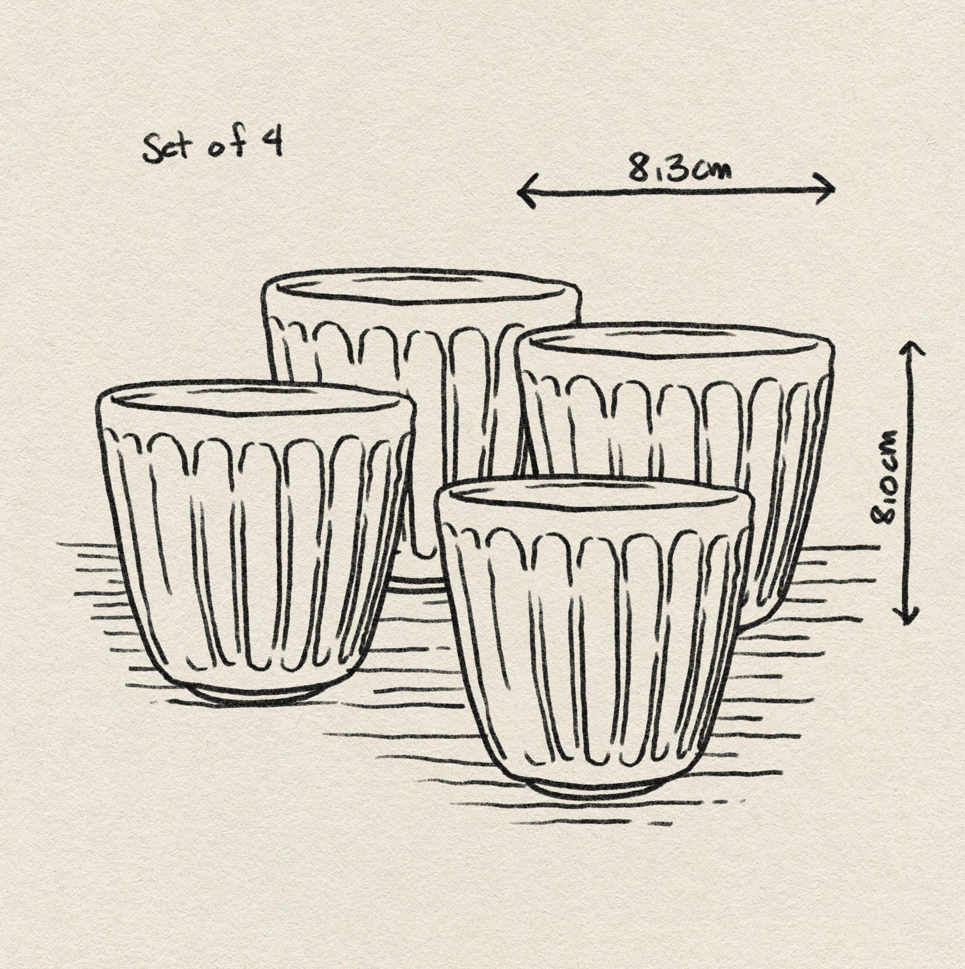 Line drawing of HKliving The Emeralds: Ceramic Mug Ribbed, Set of 4. Arrows show each mug is 8.13 cm wide and 8.0 cm tall—ideal for coffee lovers. The HKliving cups rest on a textured surface.