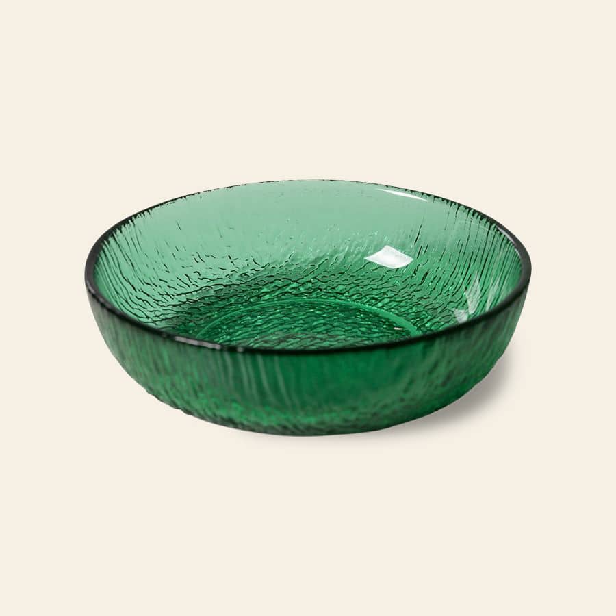 The HKliving The Emeralds: Glass Dessert Bowl features a round, shallow design with a textured, wavy green glass surface, adding modern elegance to any setting. Brand: HKliving.