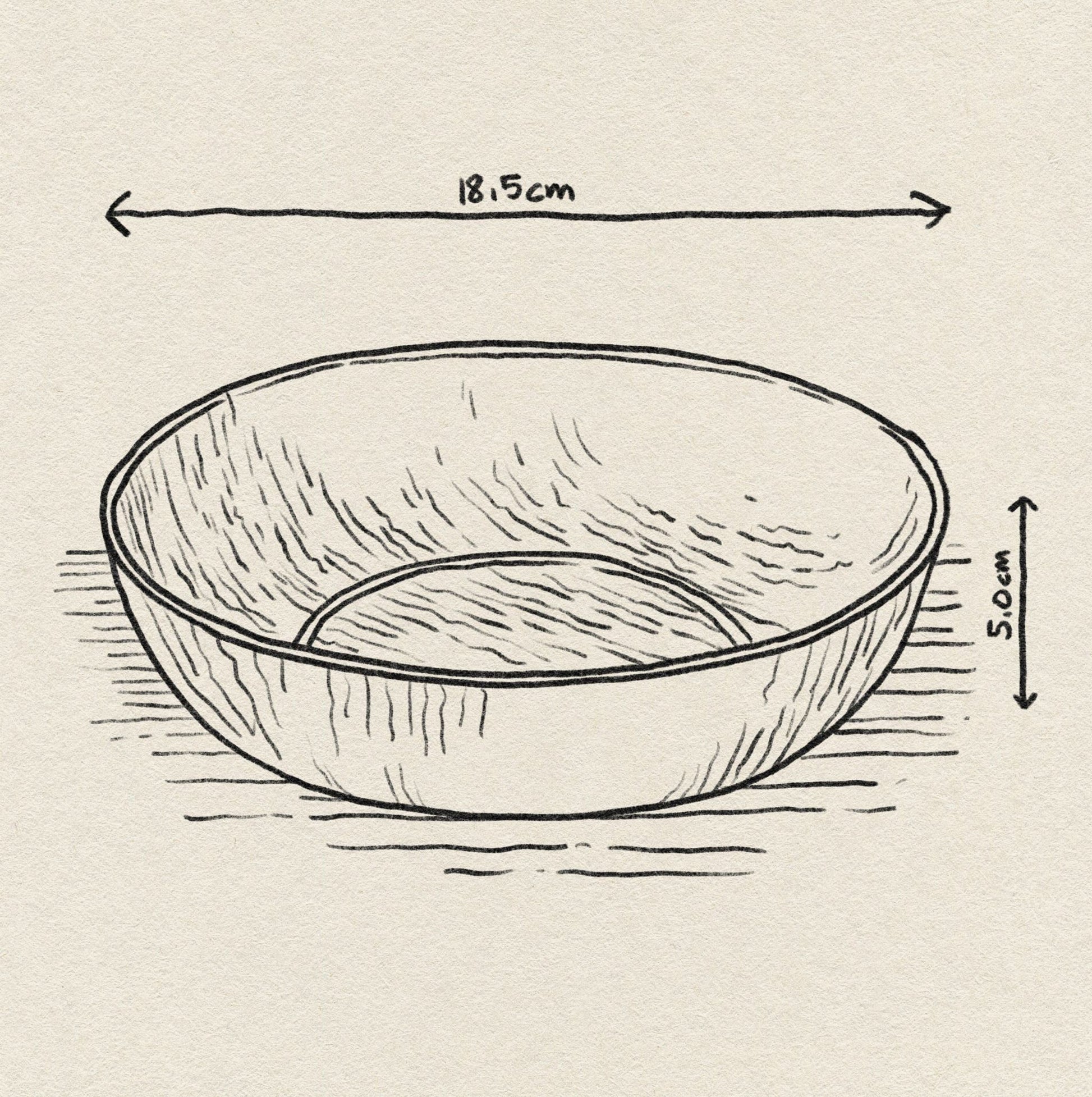 Hand-drawn illustration of the HKliving The Emeralds: Glass Salad Bowl (18.5 cm diameter, 5 cm height) by HKliving, shown on a textured surface with simple lines.