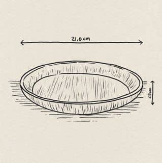 A hand-drawn illustration of the HKliving The Emeralds: Glass Side Plate by HKliving, round and shallow with a 21.0 cm diameter and 2.5 cm height, shown with measurement arrows—ideal for your next dinner party.