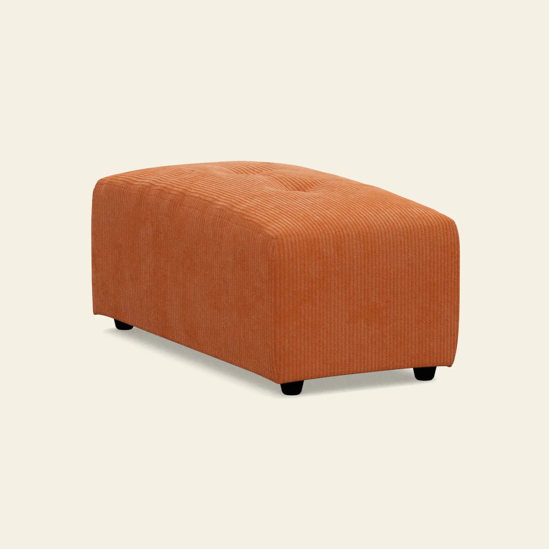 The HKliving Vint Couch, Hocker Small is a rectangular orange ottoman with textured fabric and short black feet—a stylish, customizable accent for your living space.