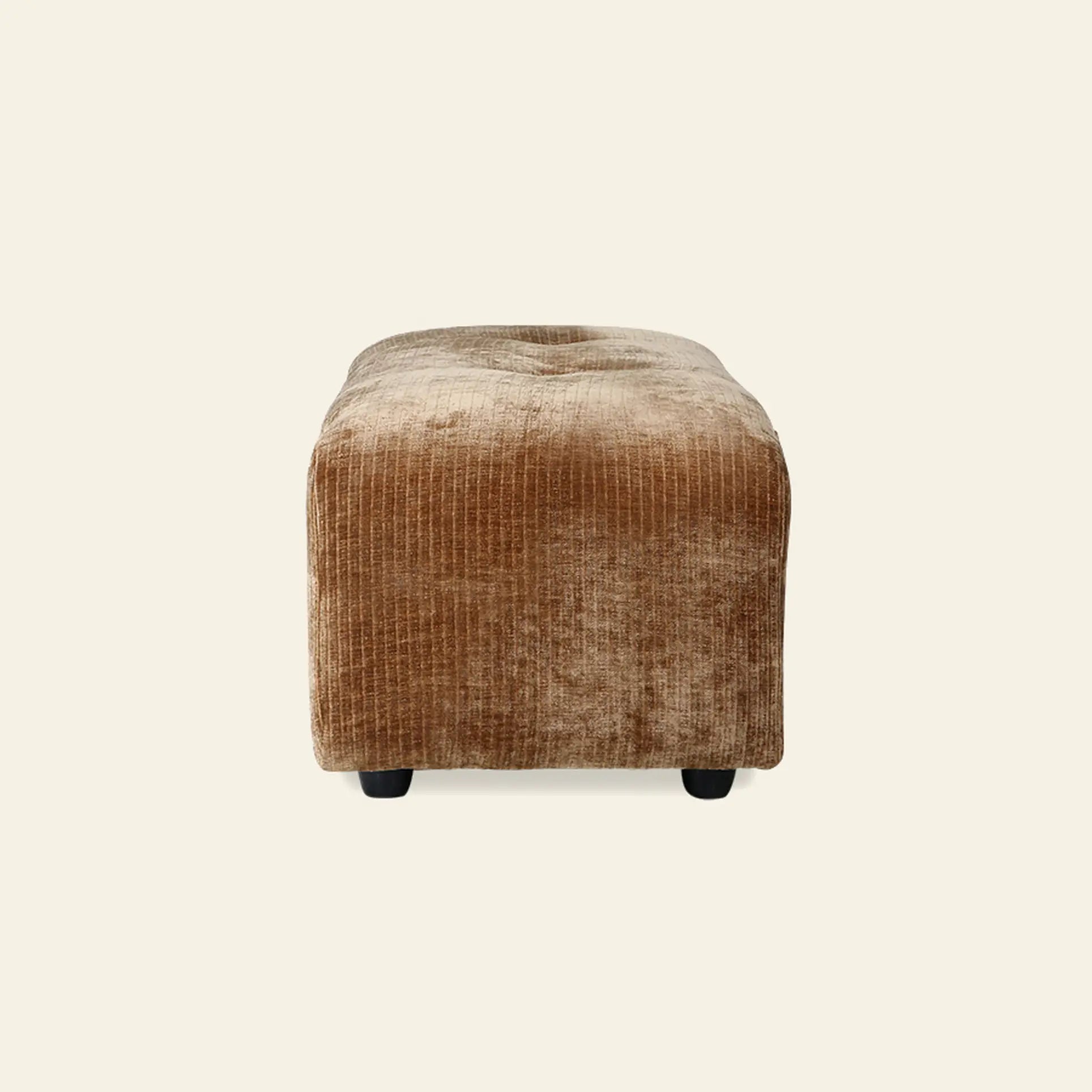 The HKliving Vint Couch, Hocker Small by HKliving is a rectangular brown velvet ottoman with a tufted top and short black legs, perfect for complementing your customizable living space, shown against a plain beige background.