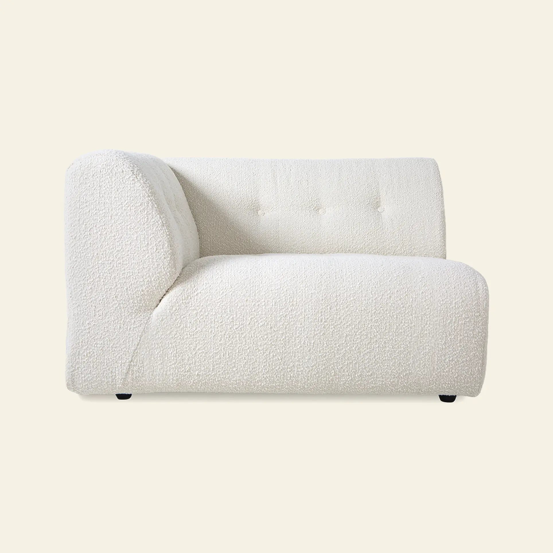 The HKliving Vint Couch, Left, 1.5-Seat features an armless ivory design with textured fabric, a tufted backrest, and rounded edges—ideal for a customizable living space. Shown against a plain light background by HKliving.