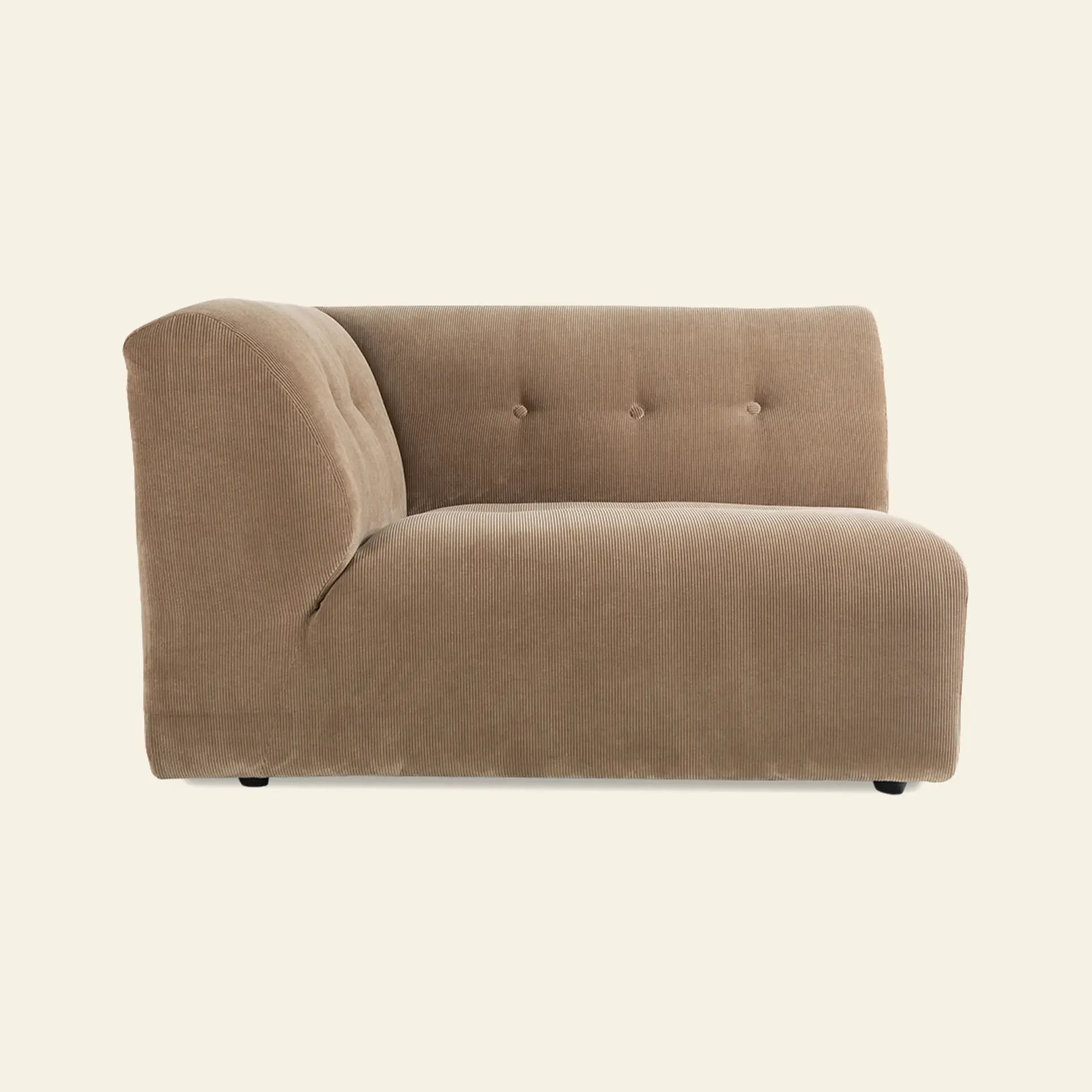 The HKliving Vint Couch, Left, 1.5-Seat by HKliving is an armless brown corduroy sofa sectional with a tufted backrest, shown from the side against a plain light background—ideal for customizable living spaces.