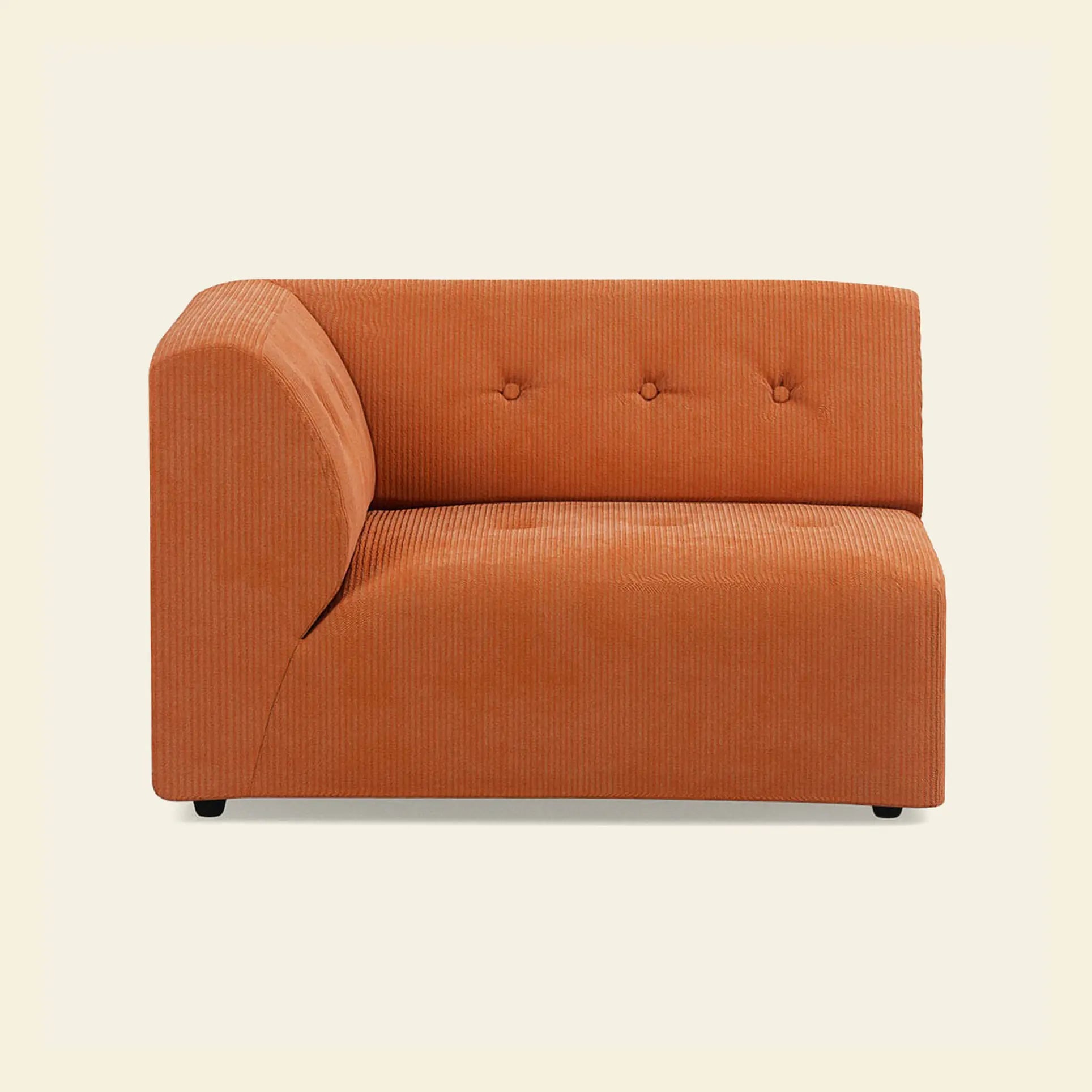 The HKliving Vint Couch, Left, 1.5-Seat, is a modern orange sectional with adaptable parts, ribbed fabric texture, and three backrest buttons, displayed against a plain light beige background.