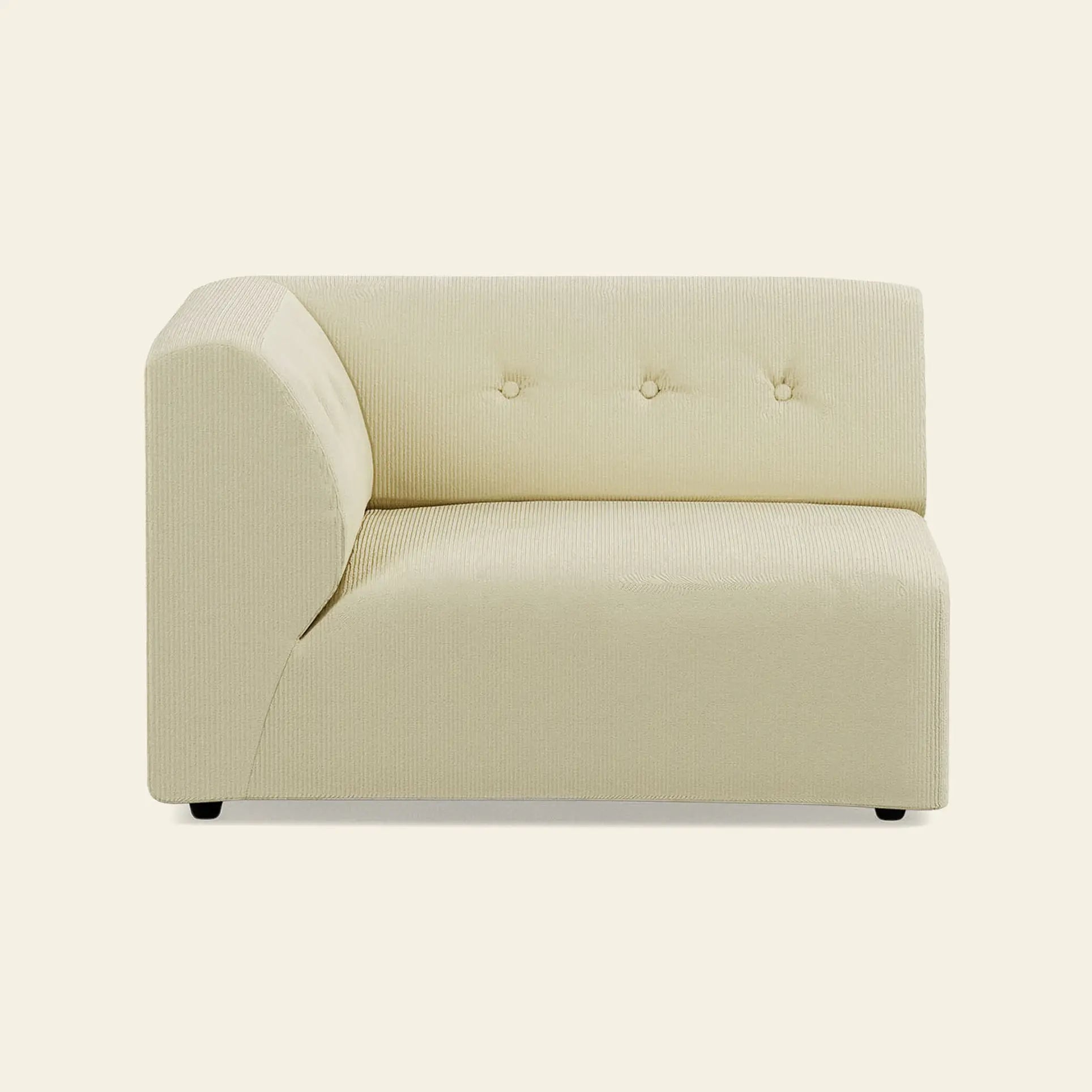 The HKliving Vint Couch, Left, 1.5-Seat, in light beige with a left armrest and three button-tufted backrest details, is ideal for customizable living spaces and shown against an off-white background.