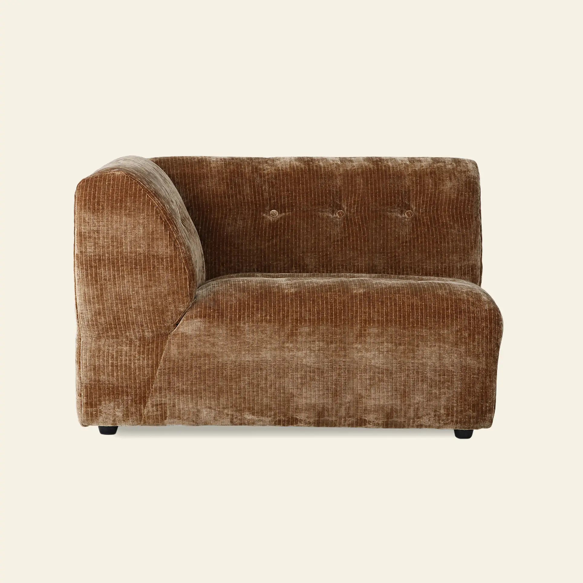 The HKliving Vint Couch, Left, 1.5-Seat features brown corduroy upholstery, a left backrest, three button tufts, and black short legs—an adaptable piece from HKliving ideal for customizable living spaces.