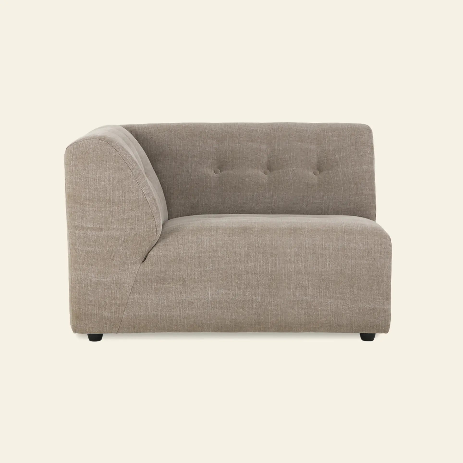 The HKliving Vint Couch, Left, 1.5-Seat is a taupe upholstered armless sectional with a left-facing backrest and button tufting, ideal for customizable living spaces. Shown against an off-white background.
